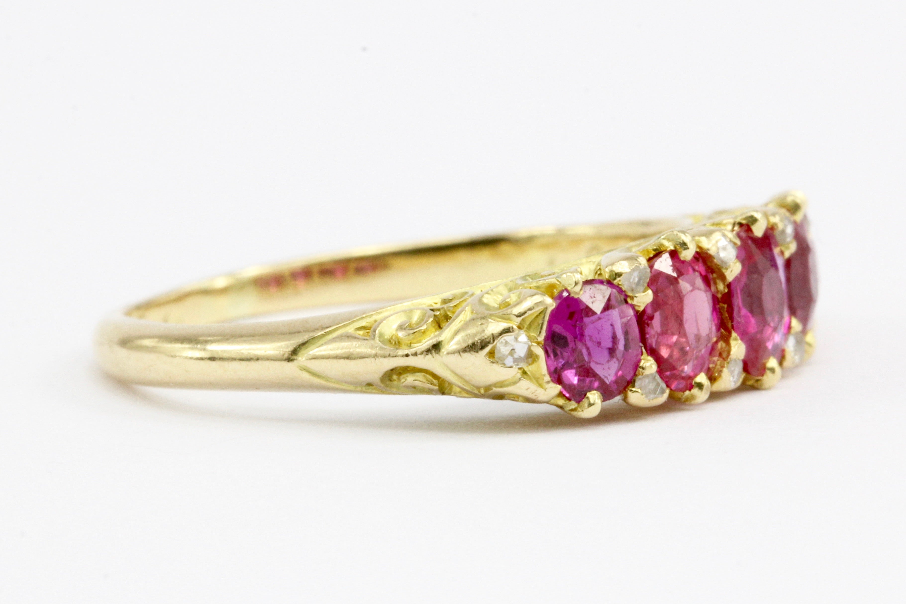 Victorian 18K Yellow Gold Natural No Heat Burma Pink Sapphire Five Stone Half Band Ring Size 7 - Queen May
