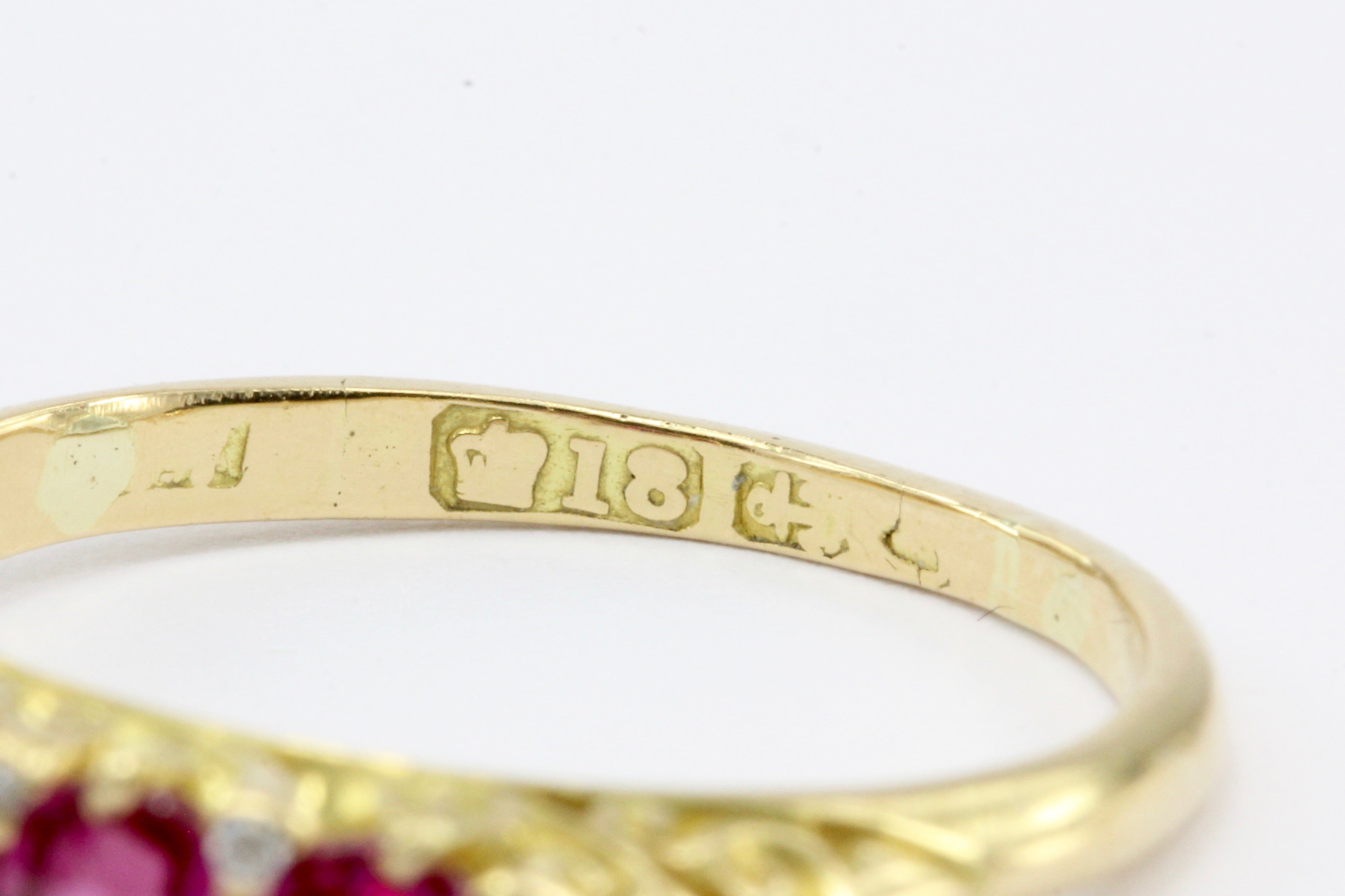 Victorian 18K Yellow Gold Natural No Heat Burma Pink Sapphire Five Stone Half Band Ring Size 7 - Queen May