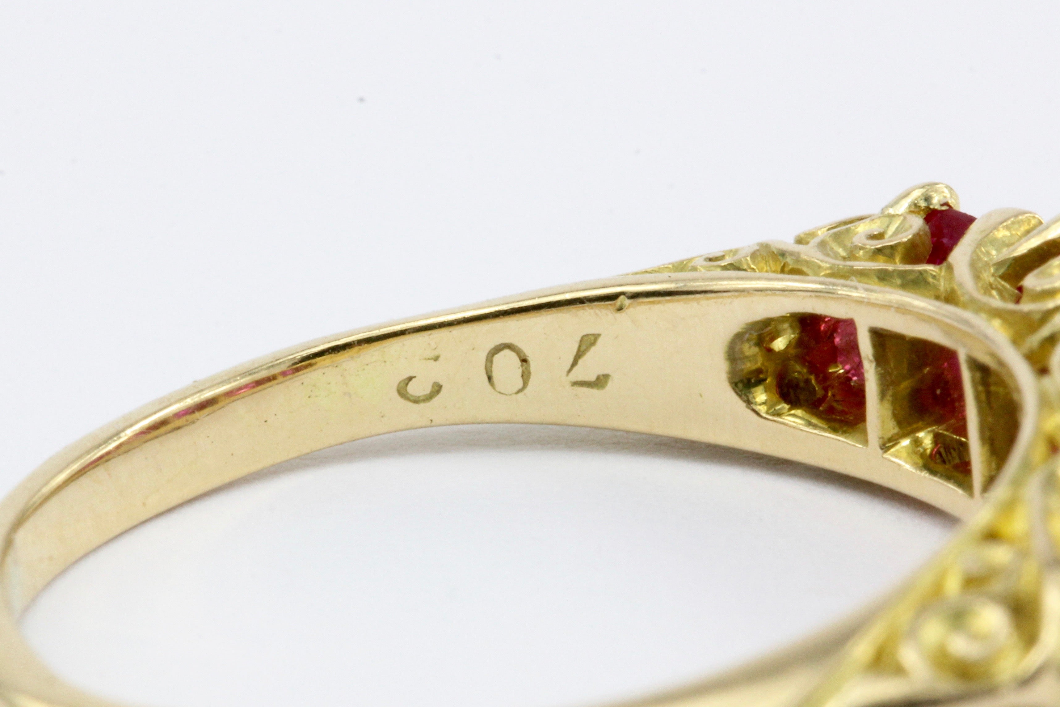 Victorian 18K Yellow Gold Natural No Heat Burma Pink Sapphire Five Stone Half Band Ring Size 7 - Queen May