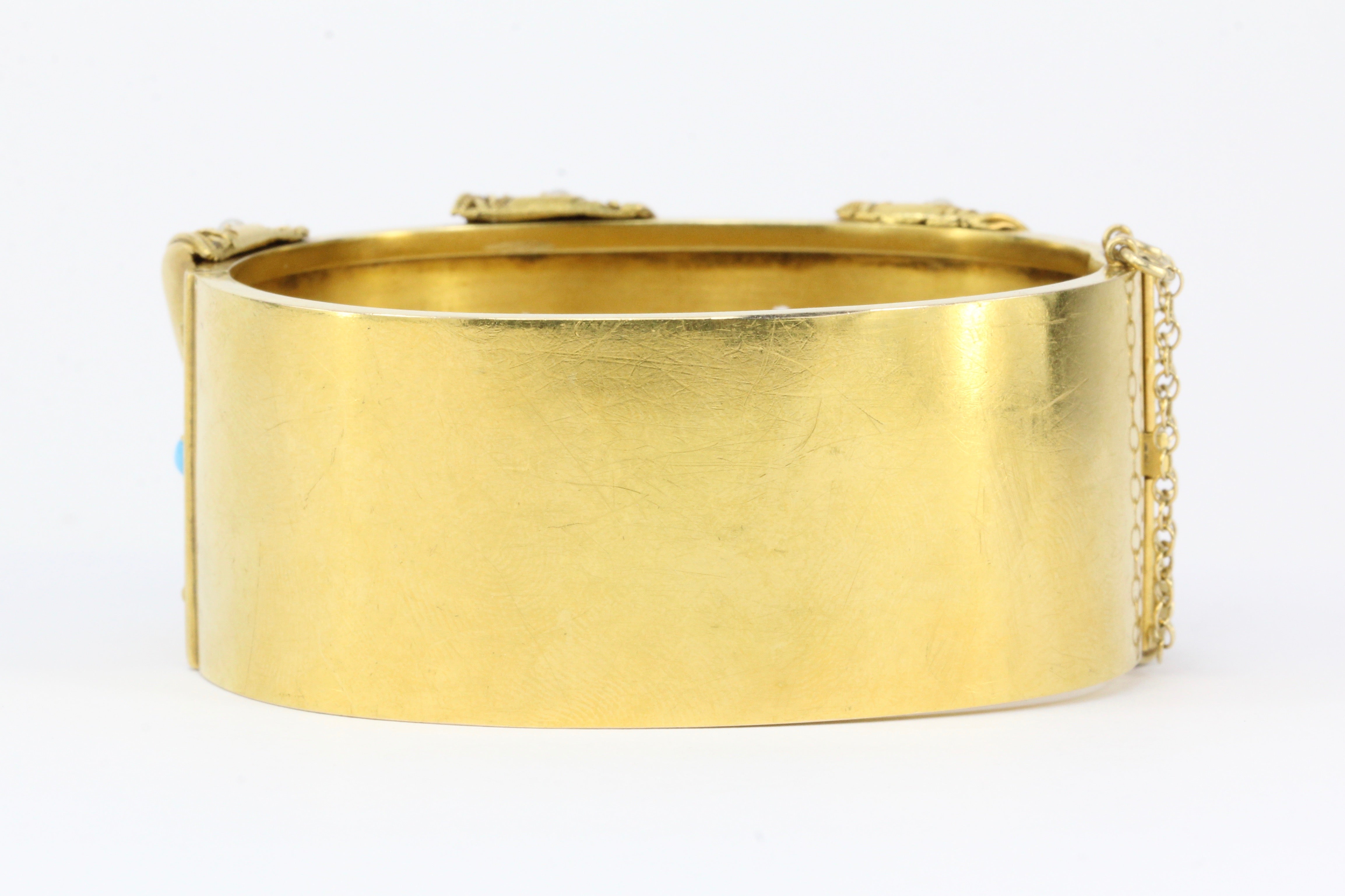 Victorian 18K Yellow Gold Persian Turquoise & Seed Pearl Pierced Bangle Bracelet - Queen May