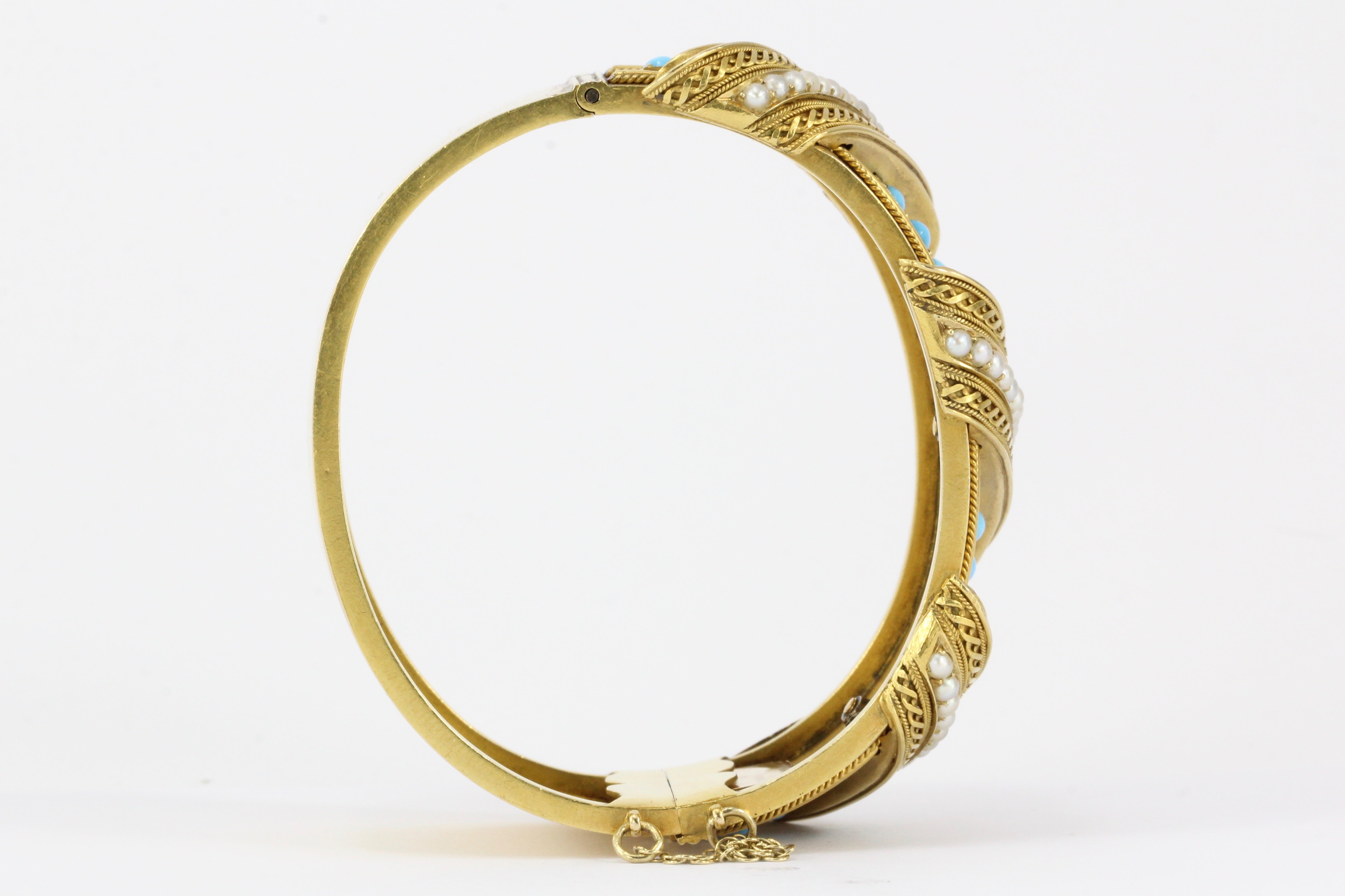 Victorian 18K Yellow Gold Persian Turquoise & Seed Pearl Pierced Bangle Bracelet - Queen May
