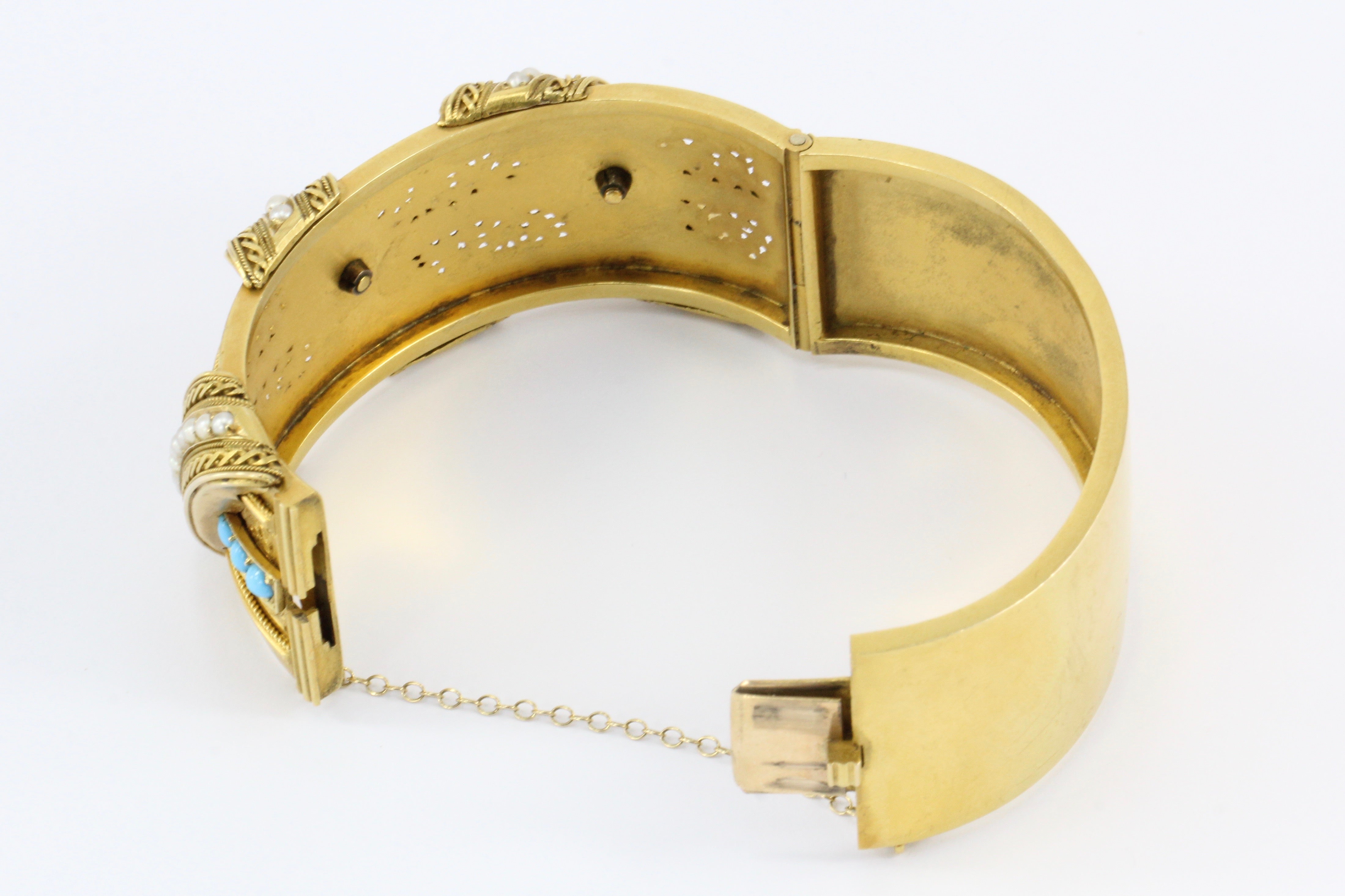 Victorian 18K Yellow Gold Persian Turquoise & Seed Pearl Pierced Bangle Bracelet - Queen May