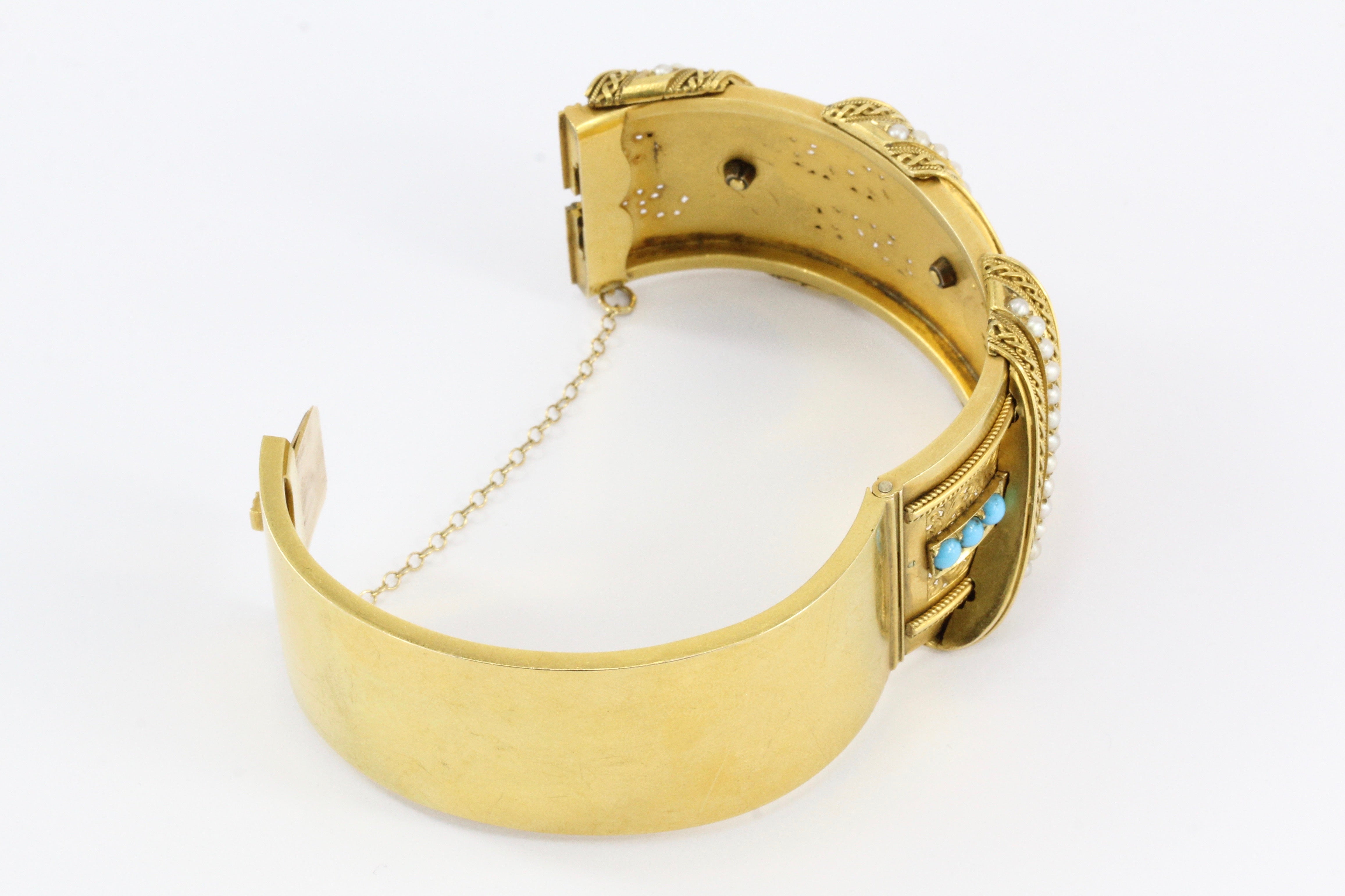 Victorian 18K Yellow Gold Persian Turquoise & Seed Pearl Pierced Bangle Bracelet - Queen May