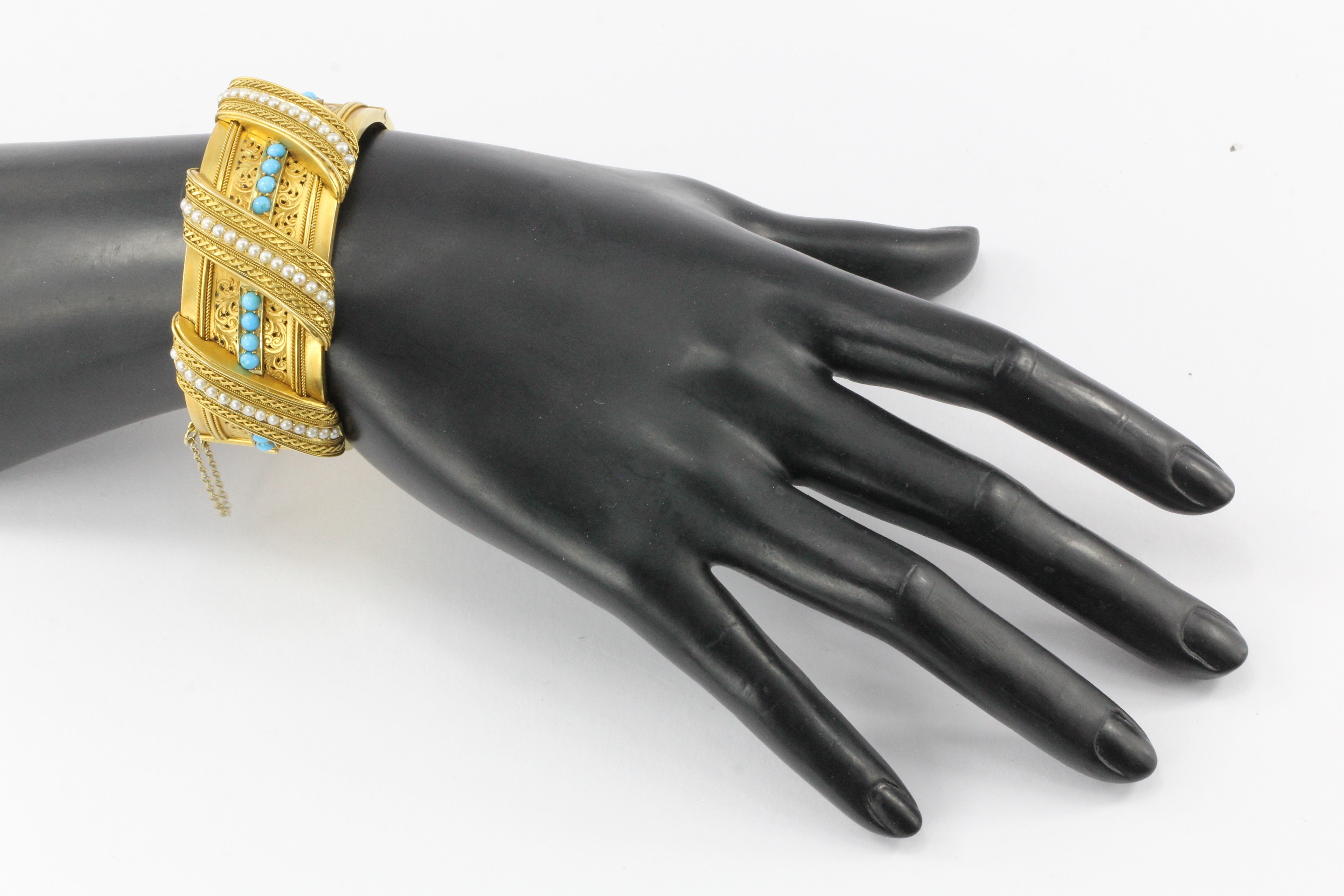 Victorian 18K Yellow Gold Persian Turquoise & Seed Pearl Pierced Bangle Bracelet - Queen May
