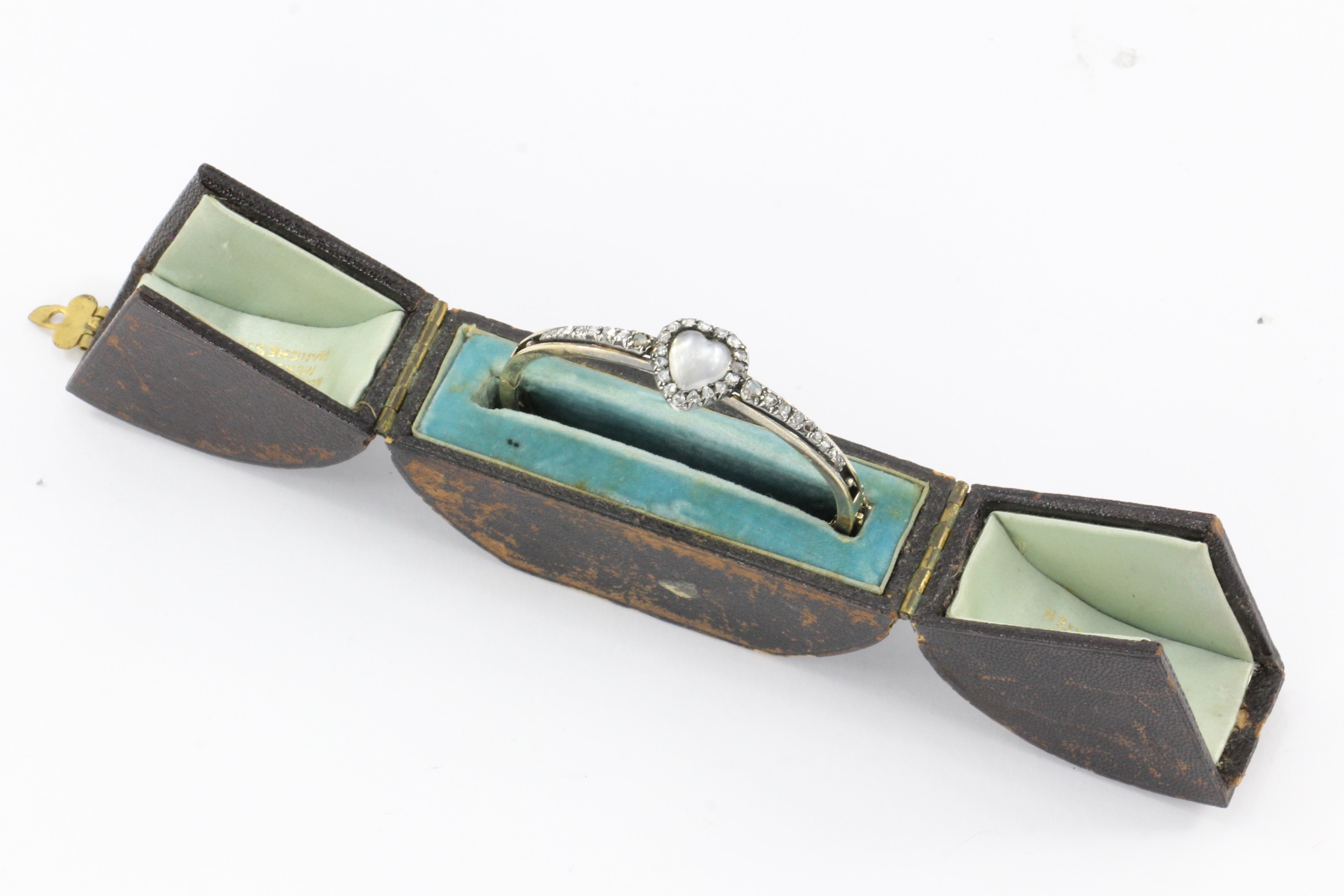 Victorian 14K Yellow Gold Moonstone Heart & Rose Cut Diamond Bangle Bracelet - Queen May