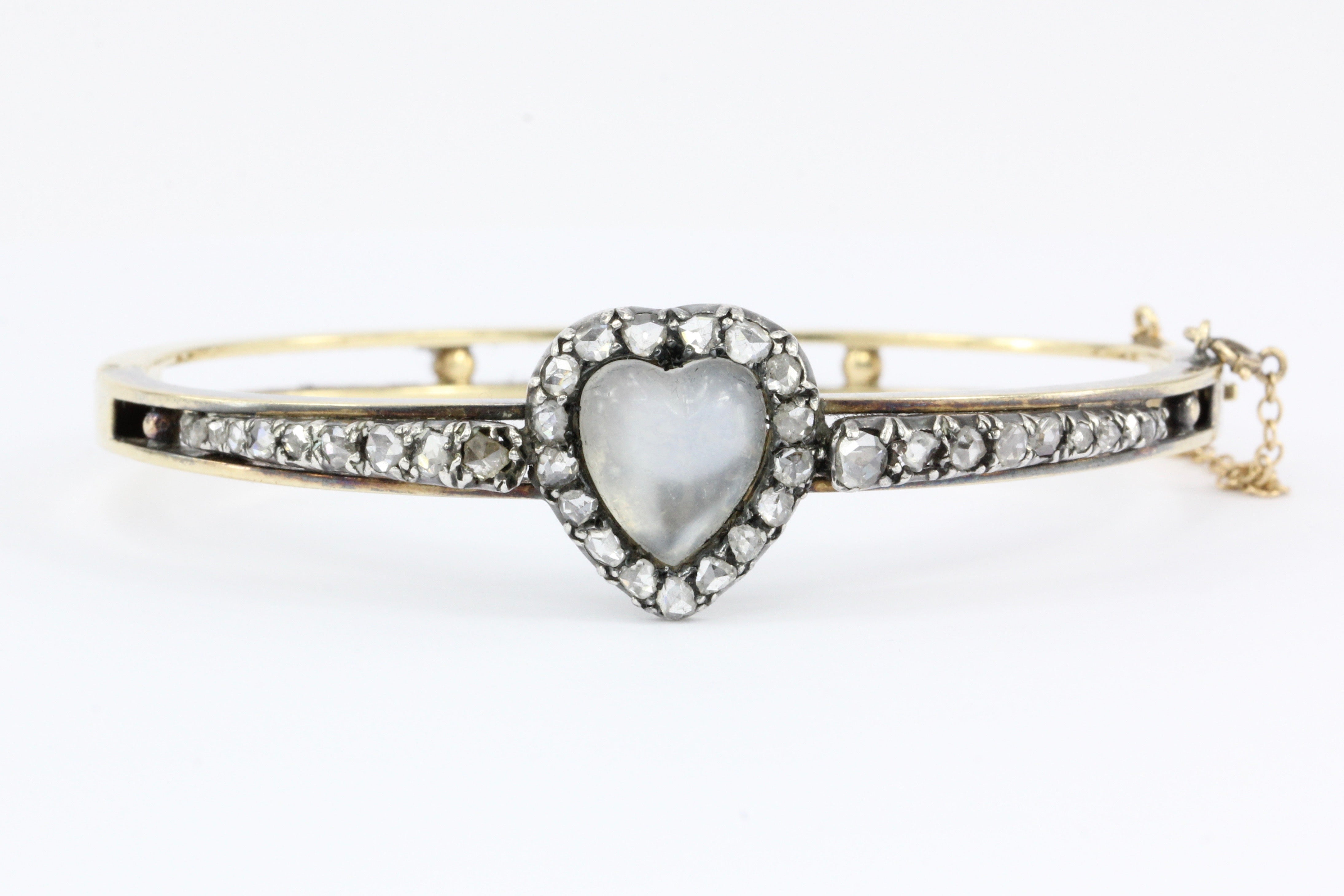 Victorian 14K Yellow Gold Moonstone Heart & Rose Cut Diamond Bangle Bracelet - Queen May