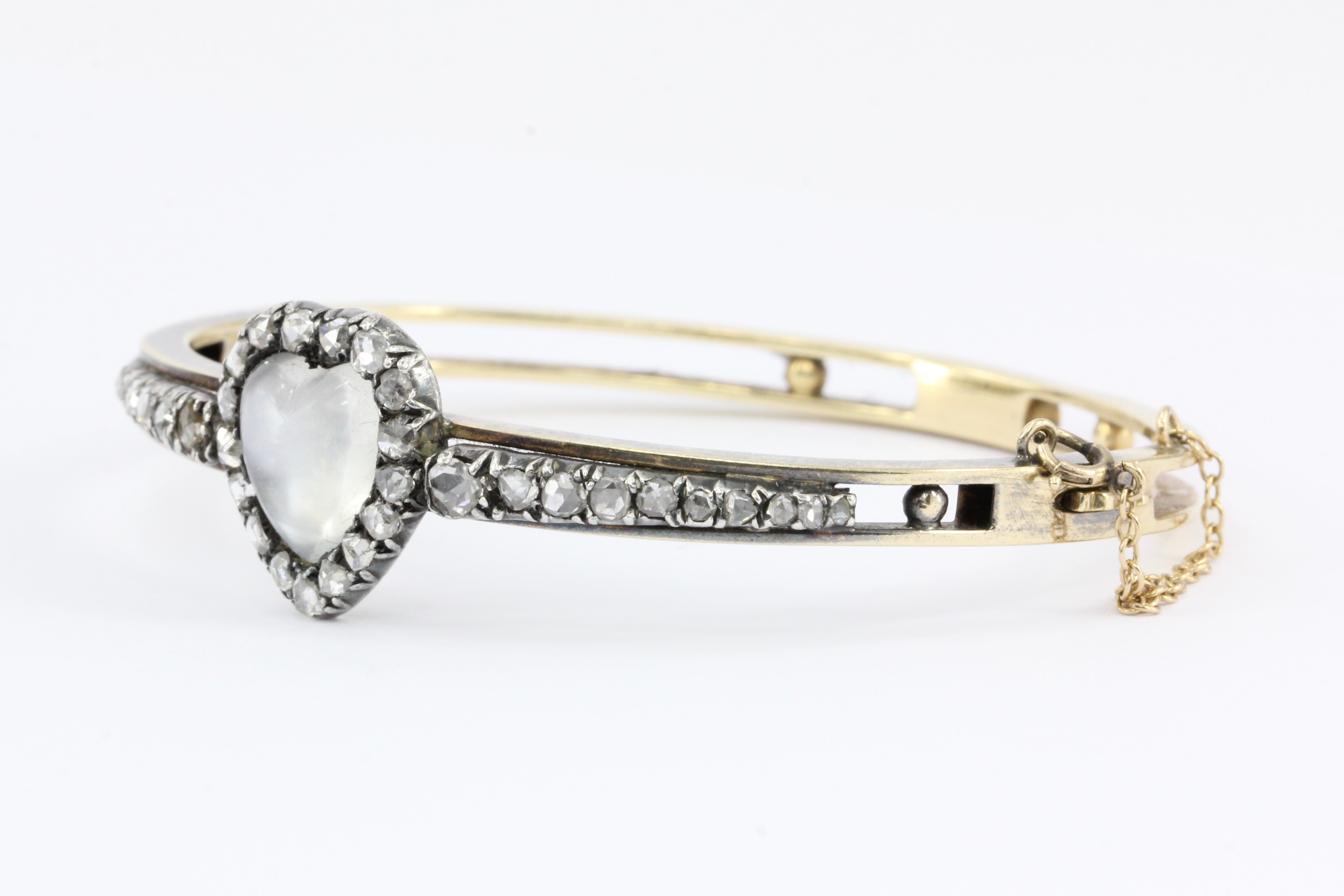 Victorian 14K Yellow Gold Moonstone Heart & Rose Cut Diamond Bangle Bracelet - Queen May