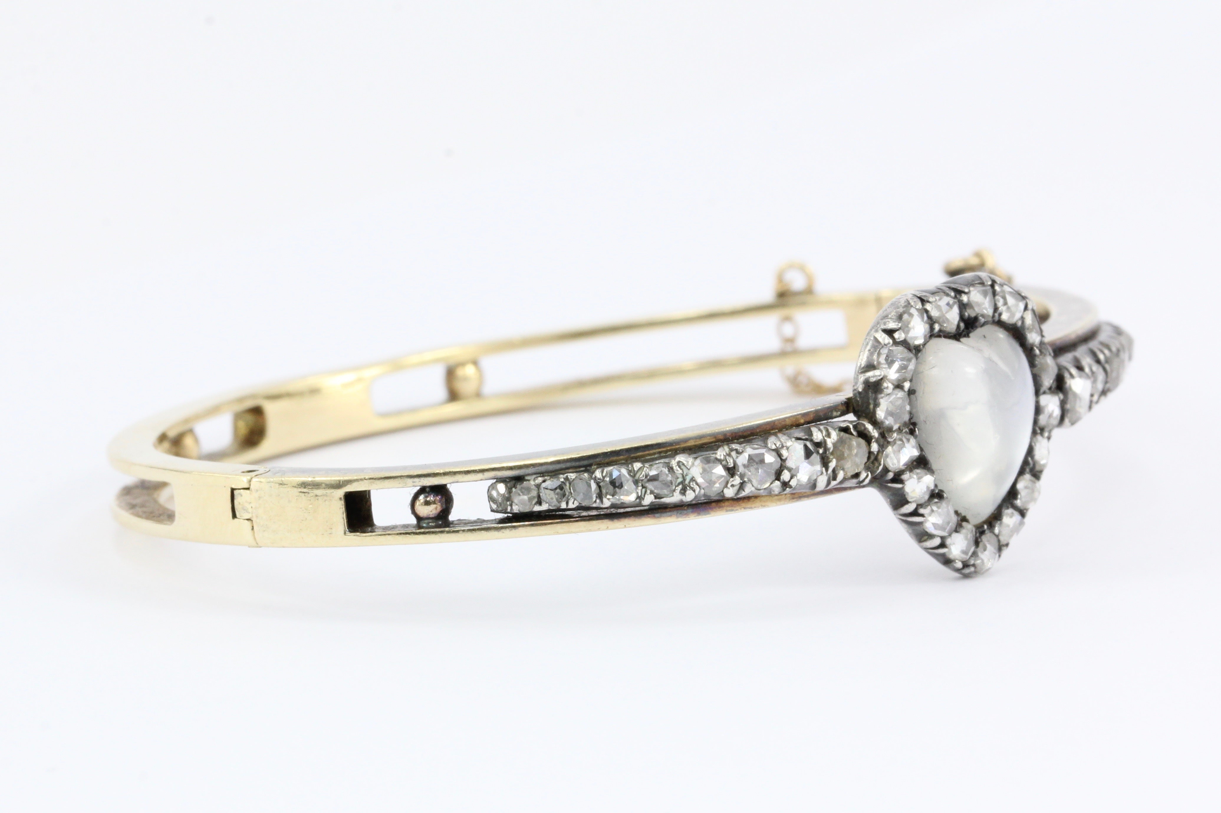 Victorian 14K Yellow Gold Moonstone Heart & Rose Cut Diamond Bangle Bracelet - Queen May
