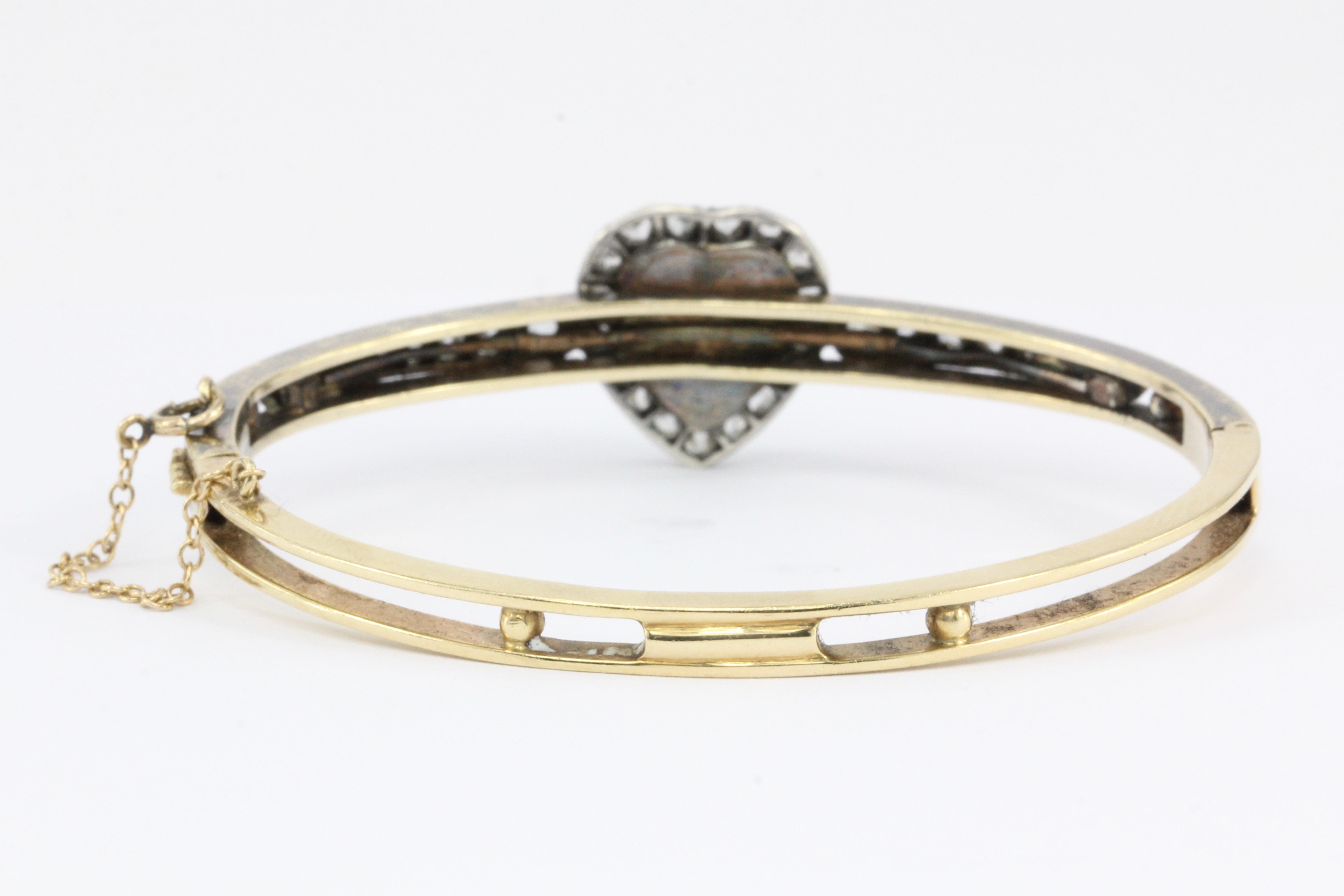 Victorian 14K Yellow Gold Moonstone Heart & Rose Cut Diamond Bangle Bracelet - Queen May