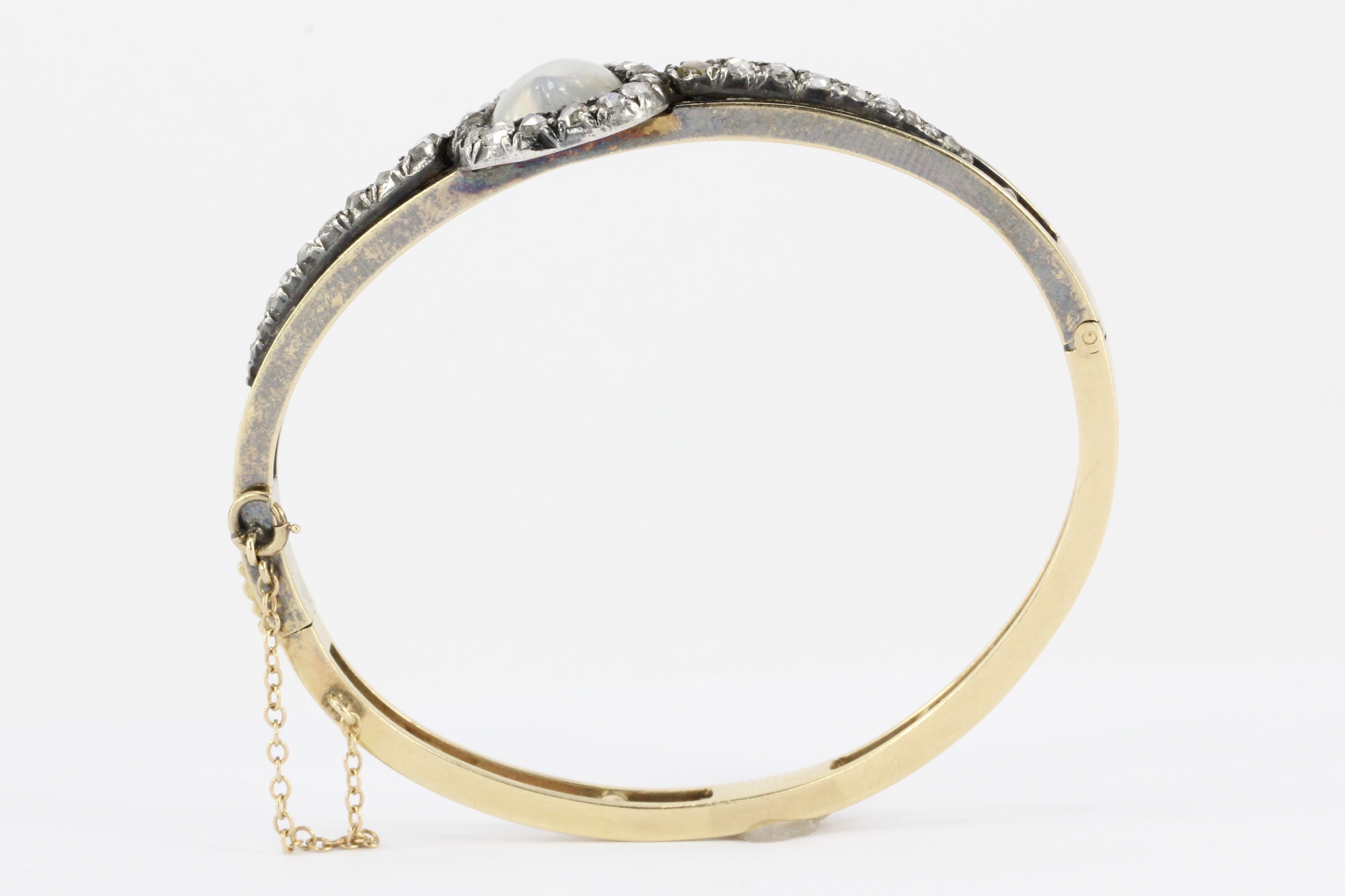Victorian 14K Yellow Gold Moonstone Heart & Rose Cut Diamond Bangle Bracelet - Queen May