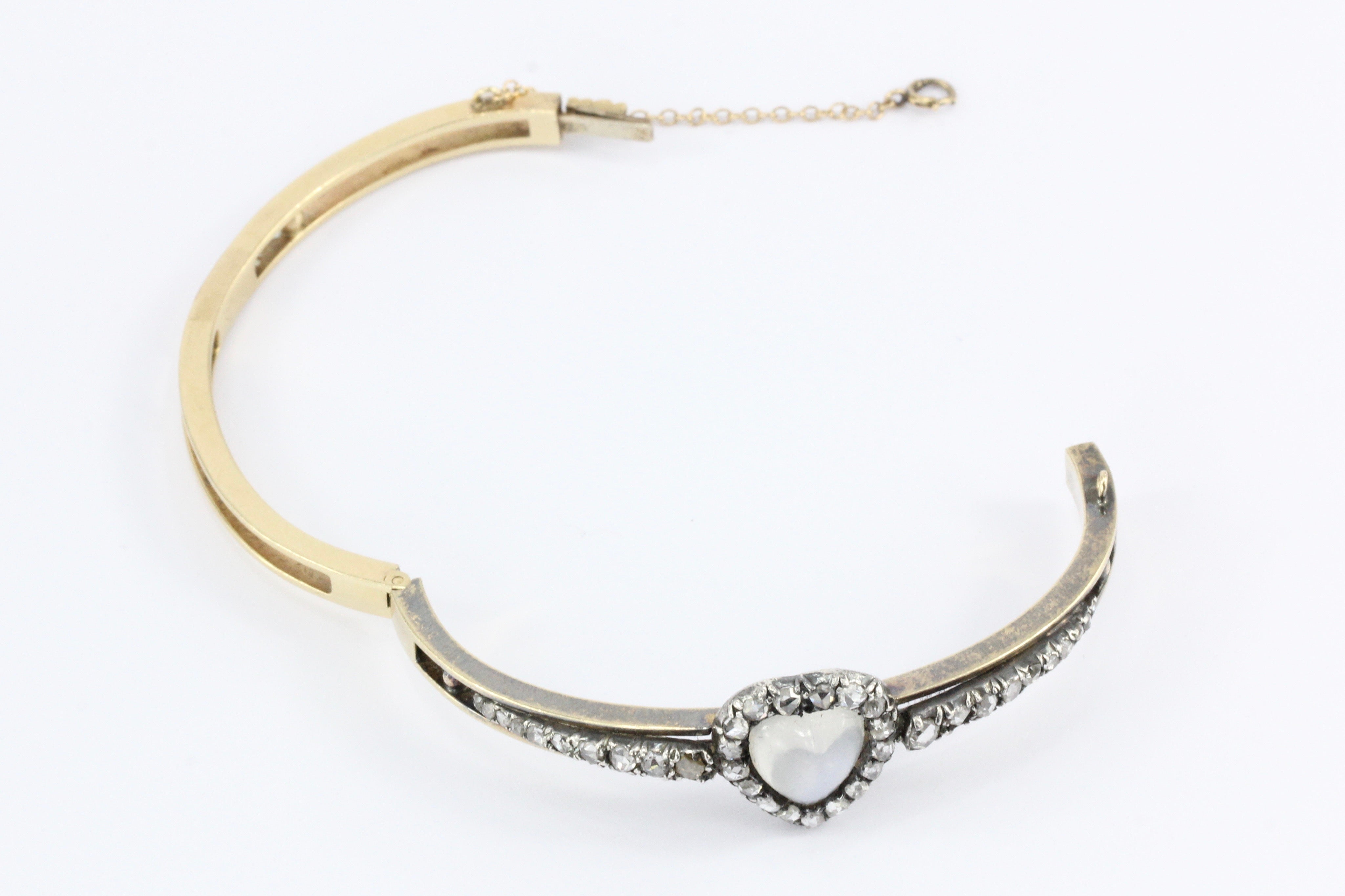 Victorian 14K Yellow Gold Moonstone Heart & Rose Cut Diamond Bangle Bracelet - Queen May