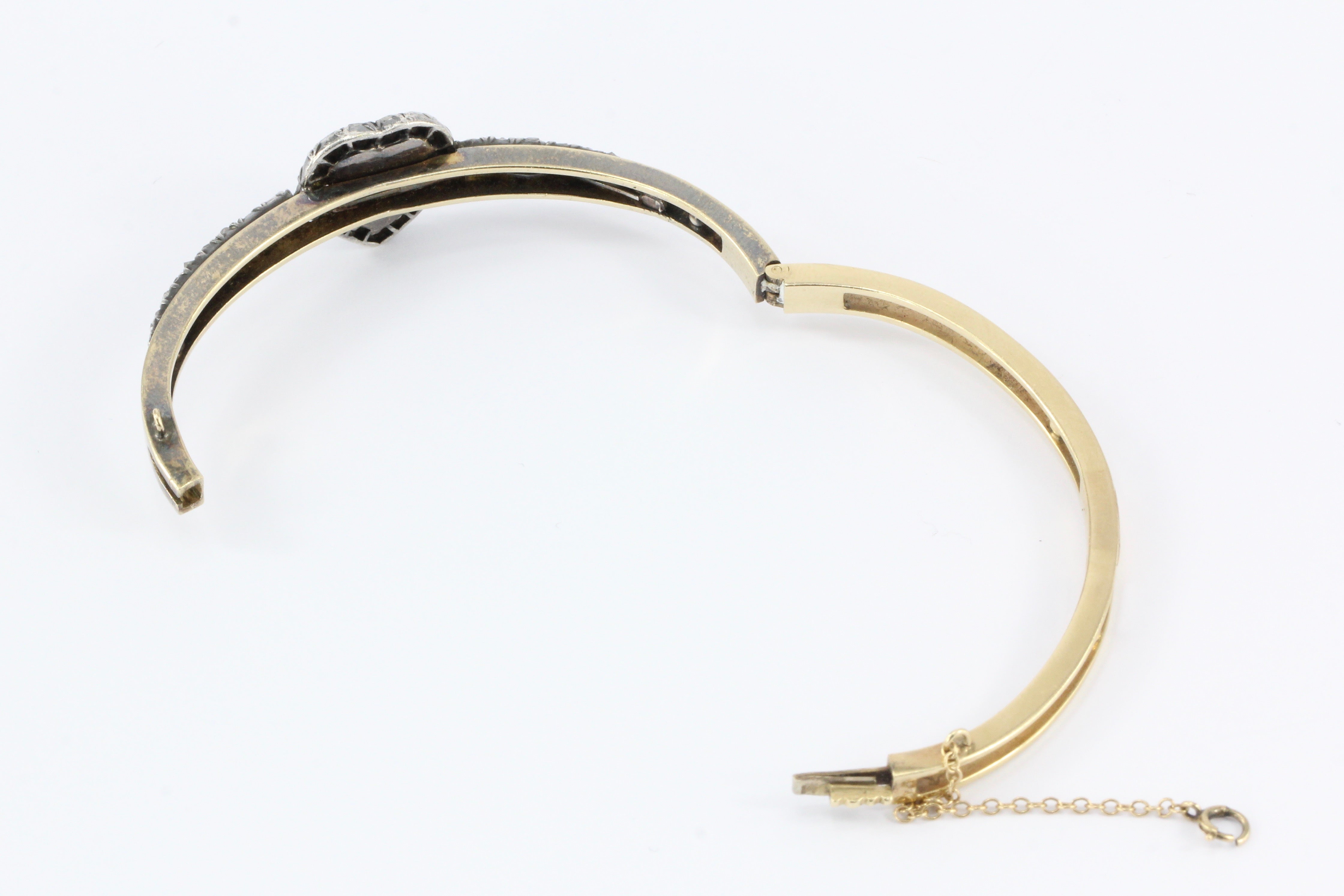 Victorian 14K Yellow Gold Moonstone Heart & Rose Cut Diamond Bangle Bracelet - Queen May