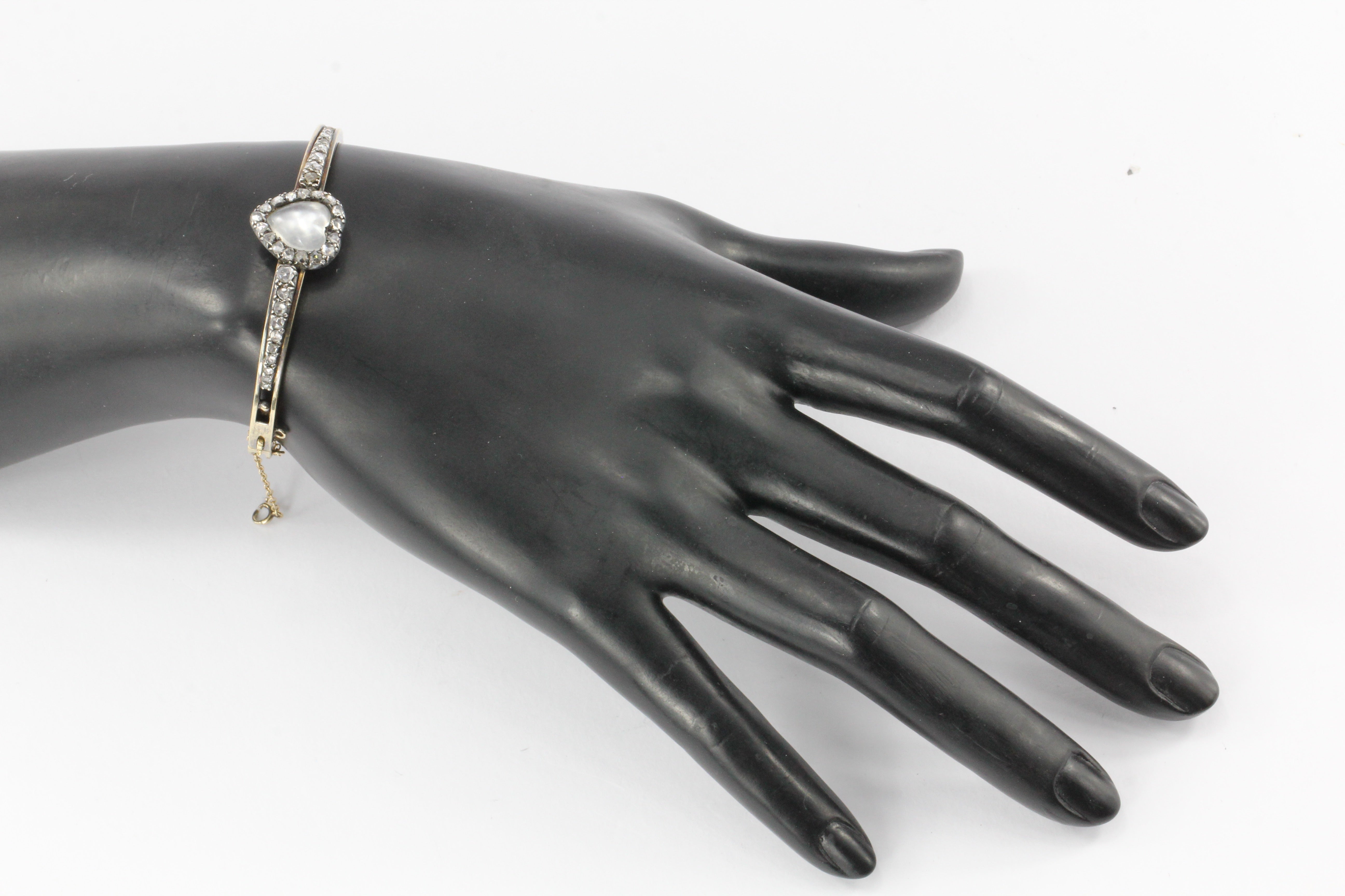 Victorian 14K Yellow Gold Moonstone Heart & Rose Cut Diamond Bangle Bracelet - Queen May