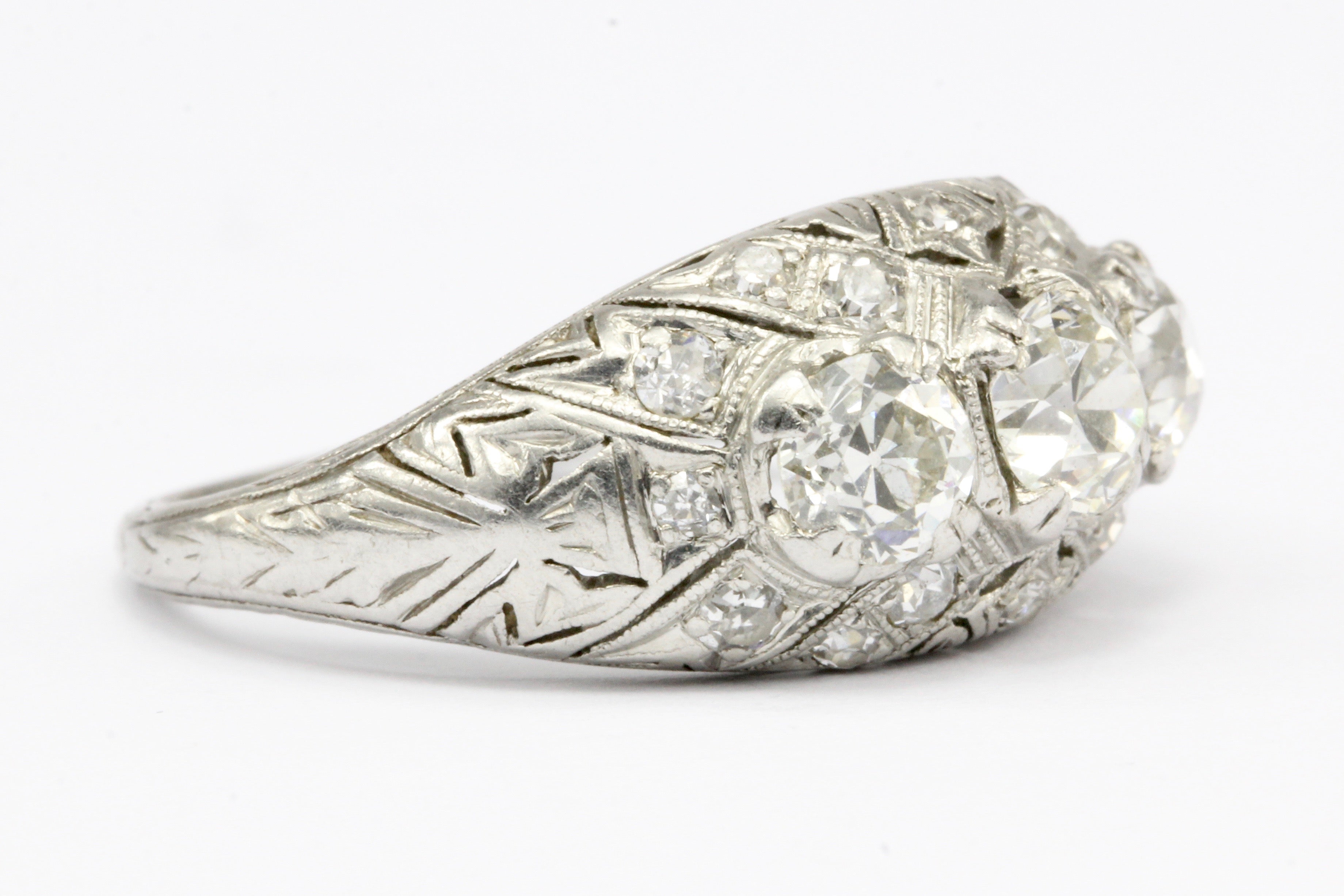 Art Deco Platinum 3 Stone Old European Cut Diamond Ring Size 6.25 - Queen May