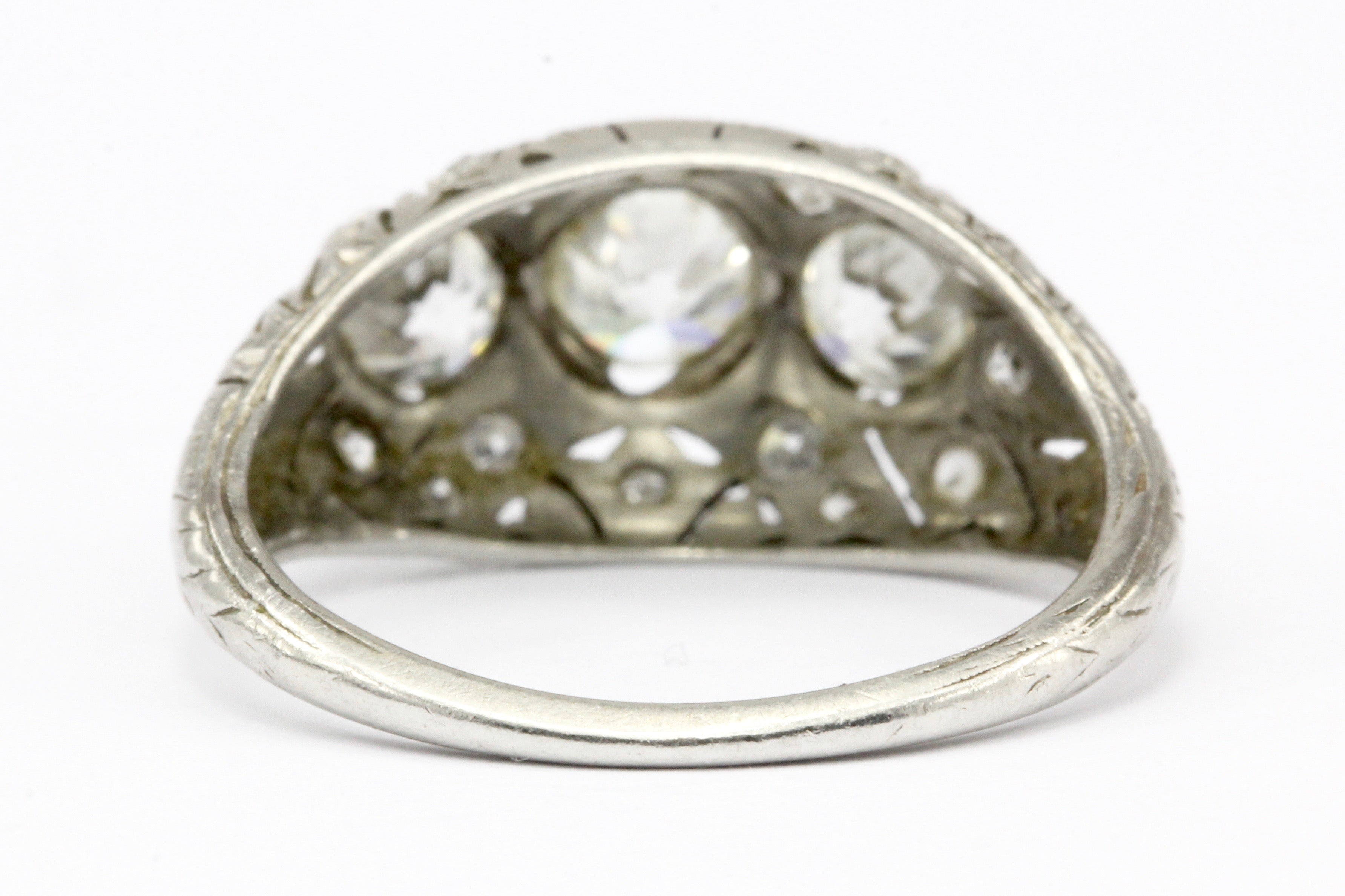 Art Deco Platinum 3 Stone Old European Cut Diamond Ring Size 6.25 - Queen May