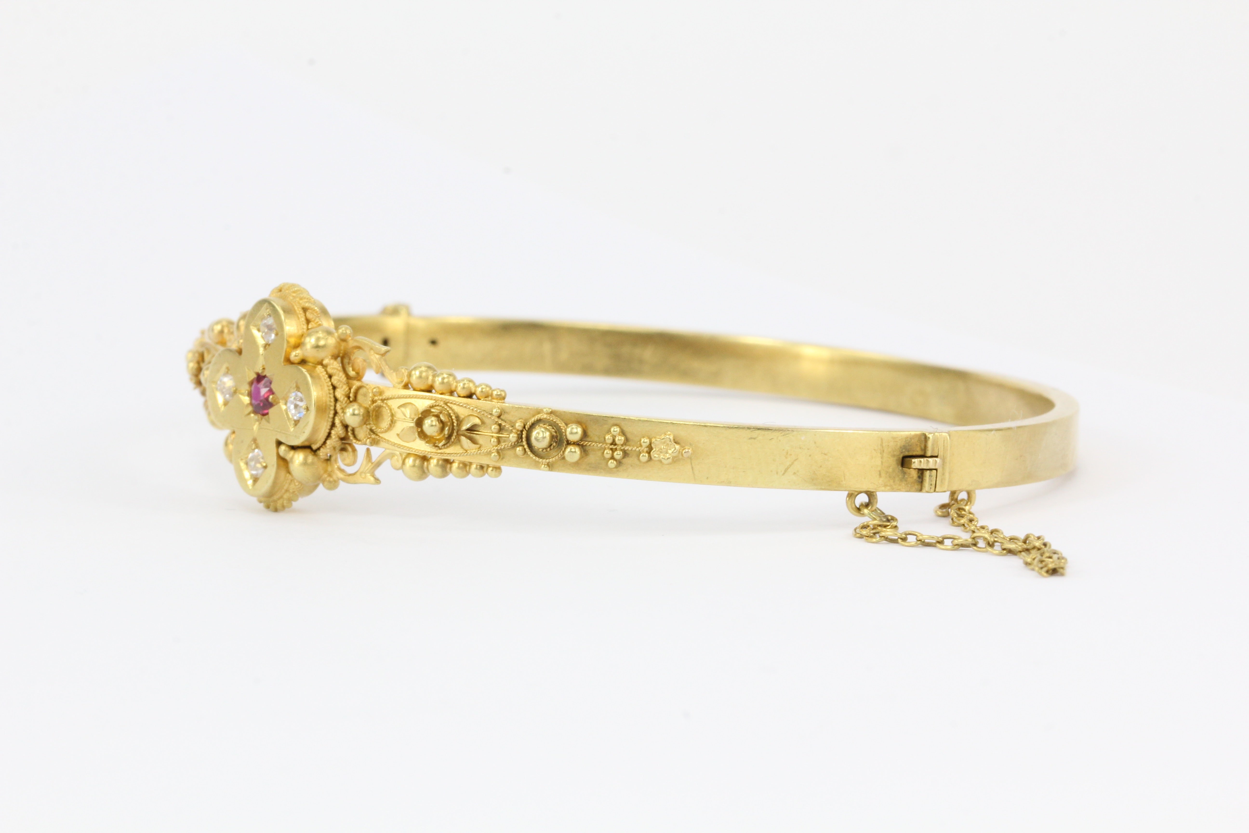 Victorian 15 CT Yellow Gold Ruby and Diamond Quatrefoil Motif Bangle Bracelet - Queen May