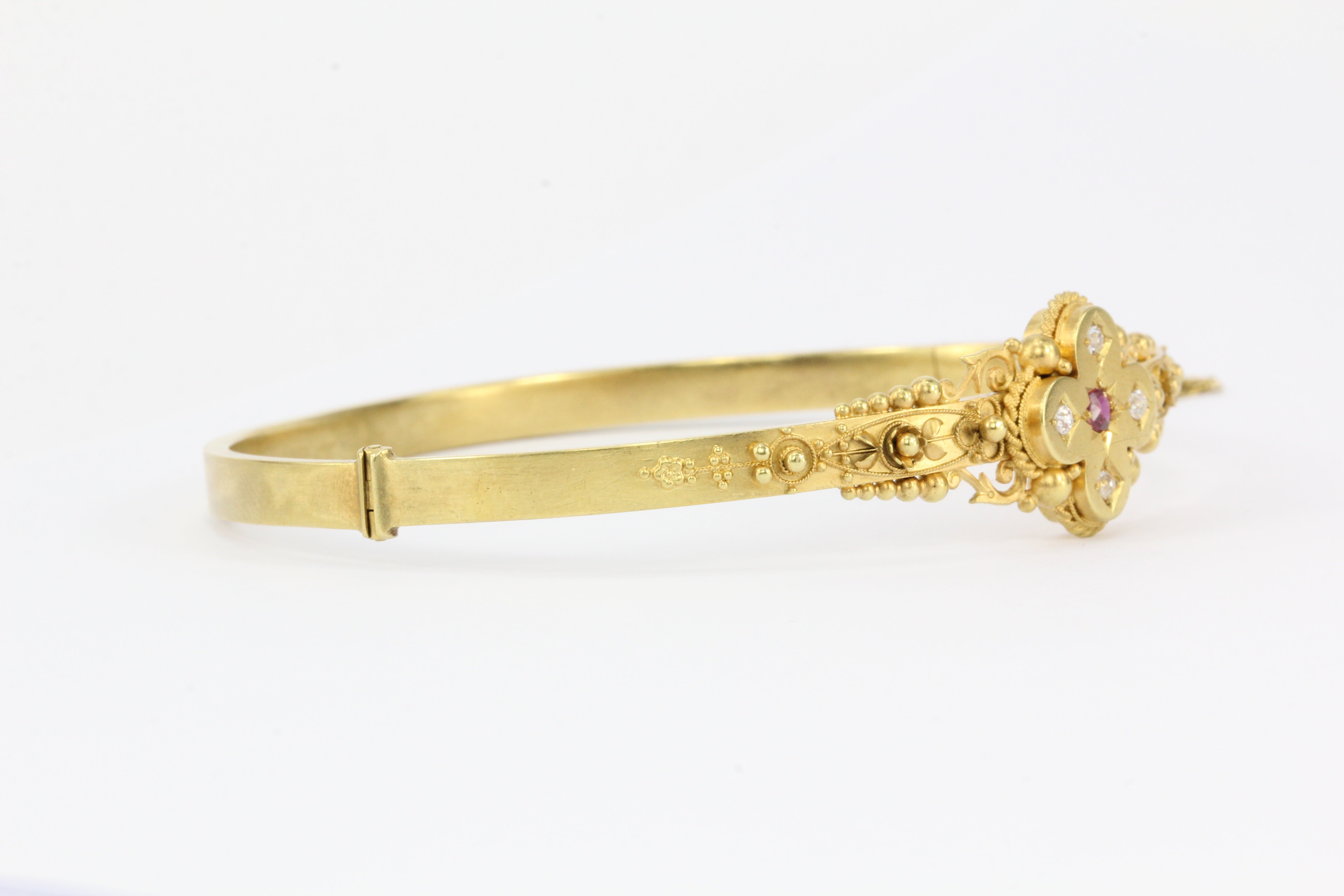 Victorian 15 CT Yellow Gold Ruby and Diamond Quatrefoil Motif Bangle Bracelet - Queen May