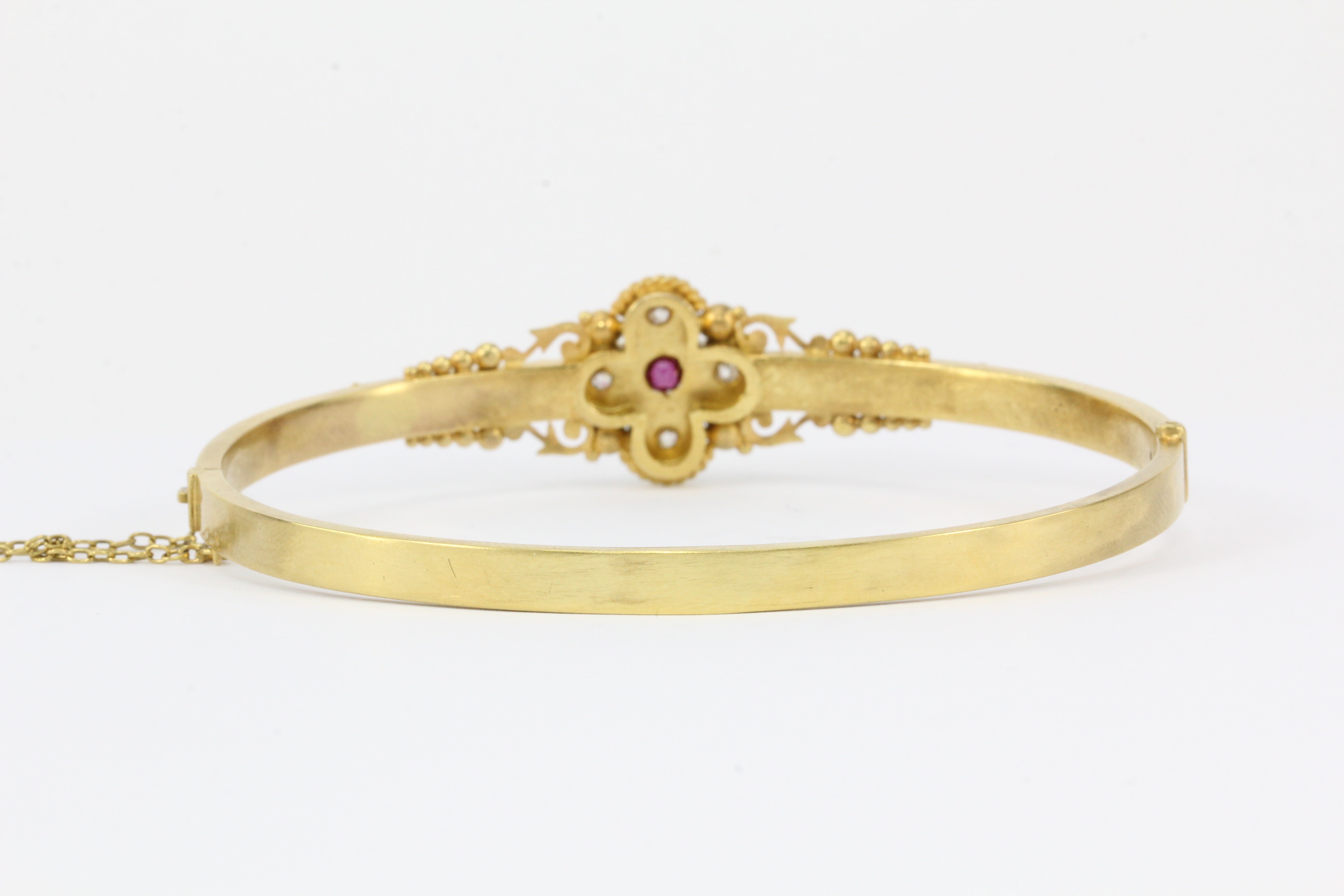 Victorian 15 CT Yellow Gold Ruby and Diamond Quatrefoil Motif Bangle Bracelet - Queen May