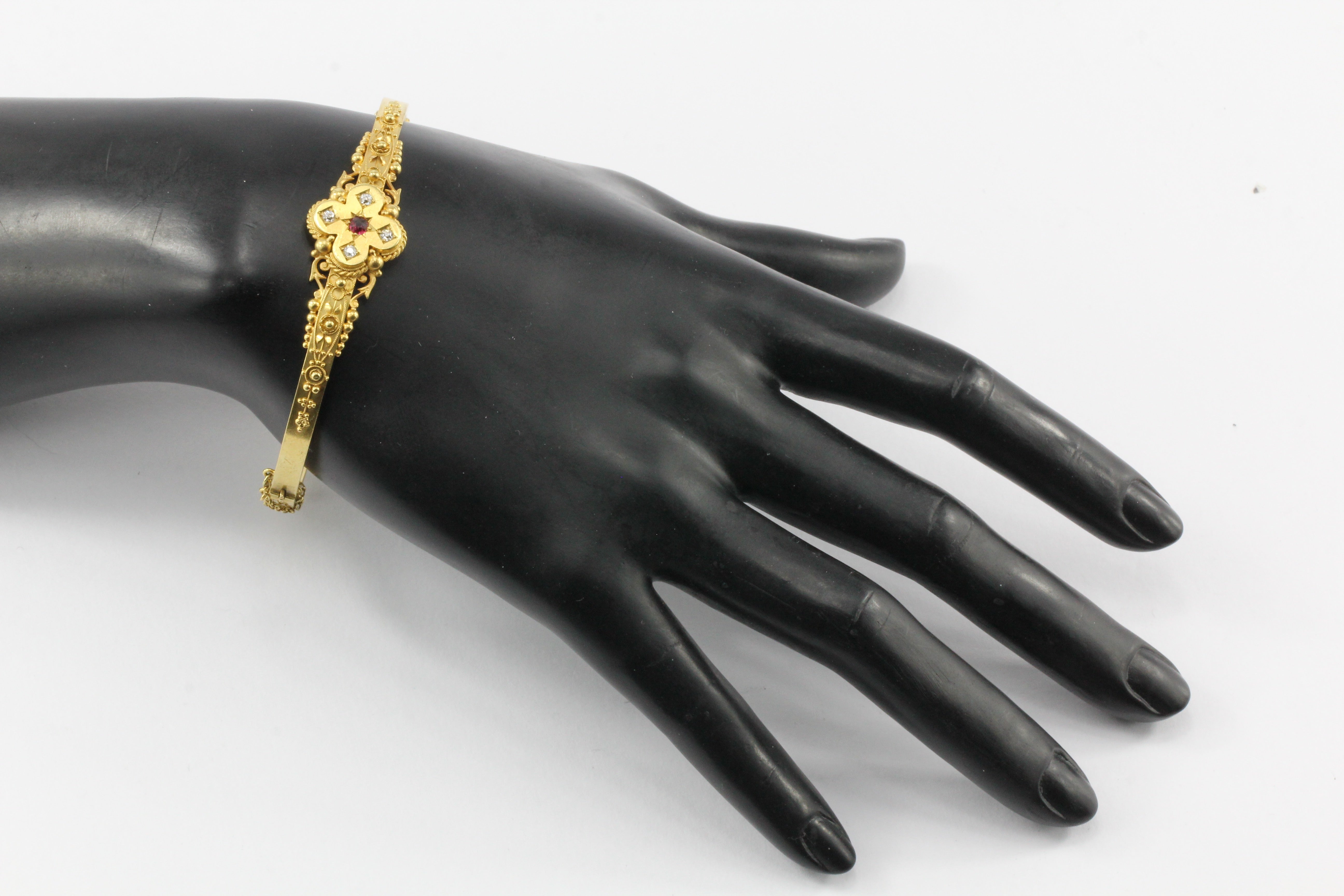 Victorian 15 CT Yellow Gold Ruby and Diamond Quatrefoil Motif Bangle Bracelet - Queen May