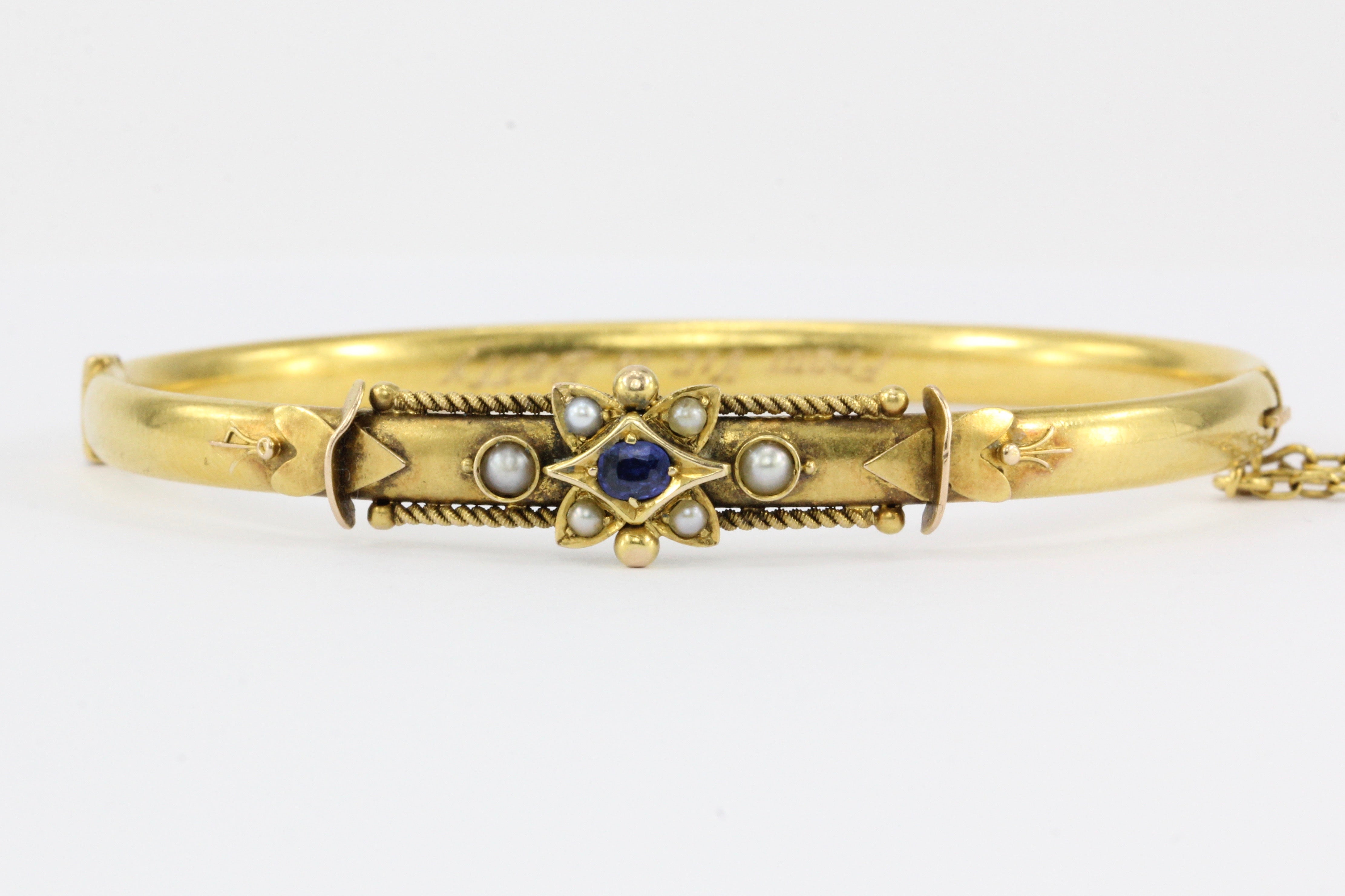 Victorian 15 CT Yellow Gold Sapphire and Seed Pearl Bangle Bracelet - Queen May