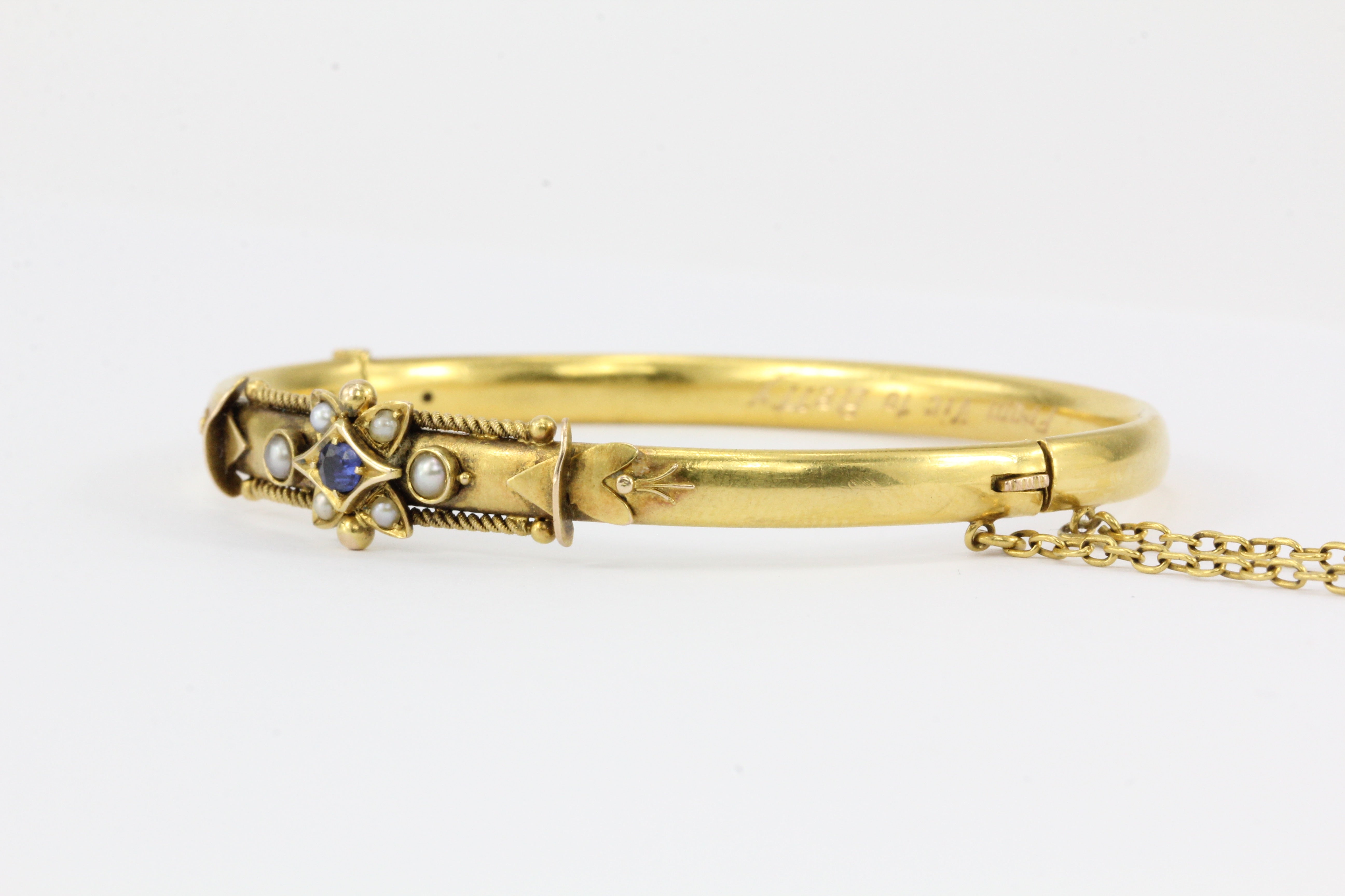 Victorian 15 CT Yellow Gold Sapphire and Seed Pearl Bangle Bracelet - Queen May