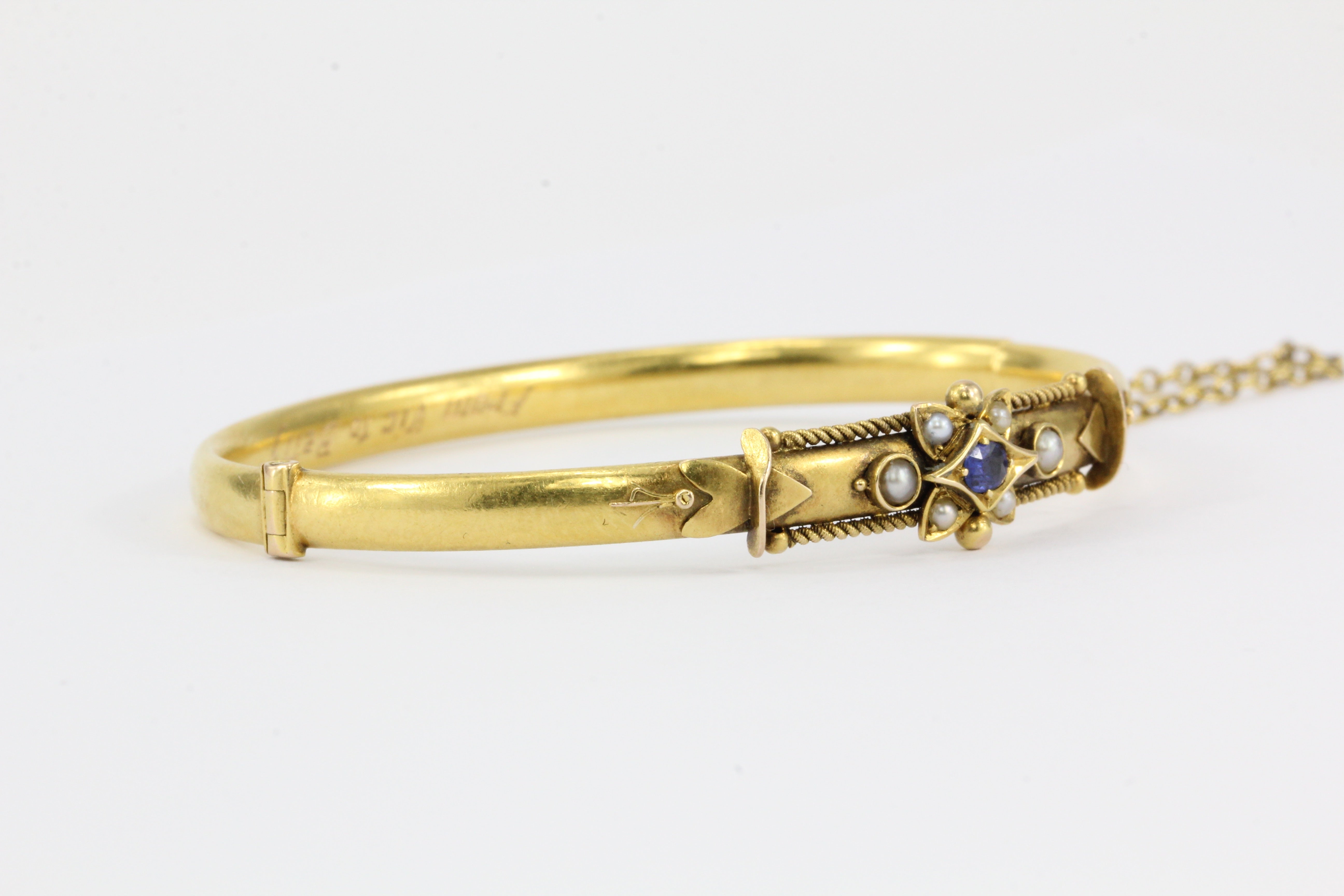 Victorian 15 CT Yellow Gold Sapphire and Seed Pearl Bangle Bracelet - Queen May