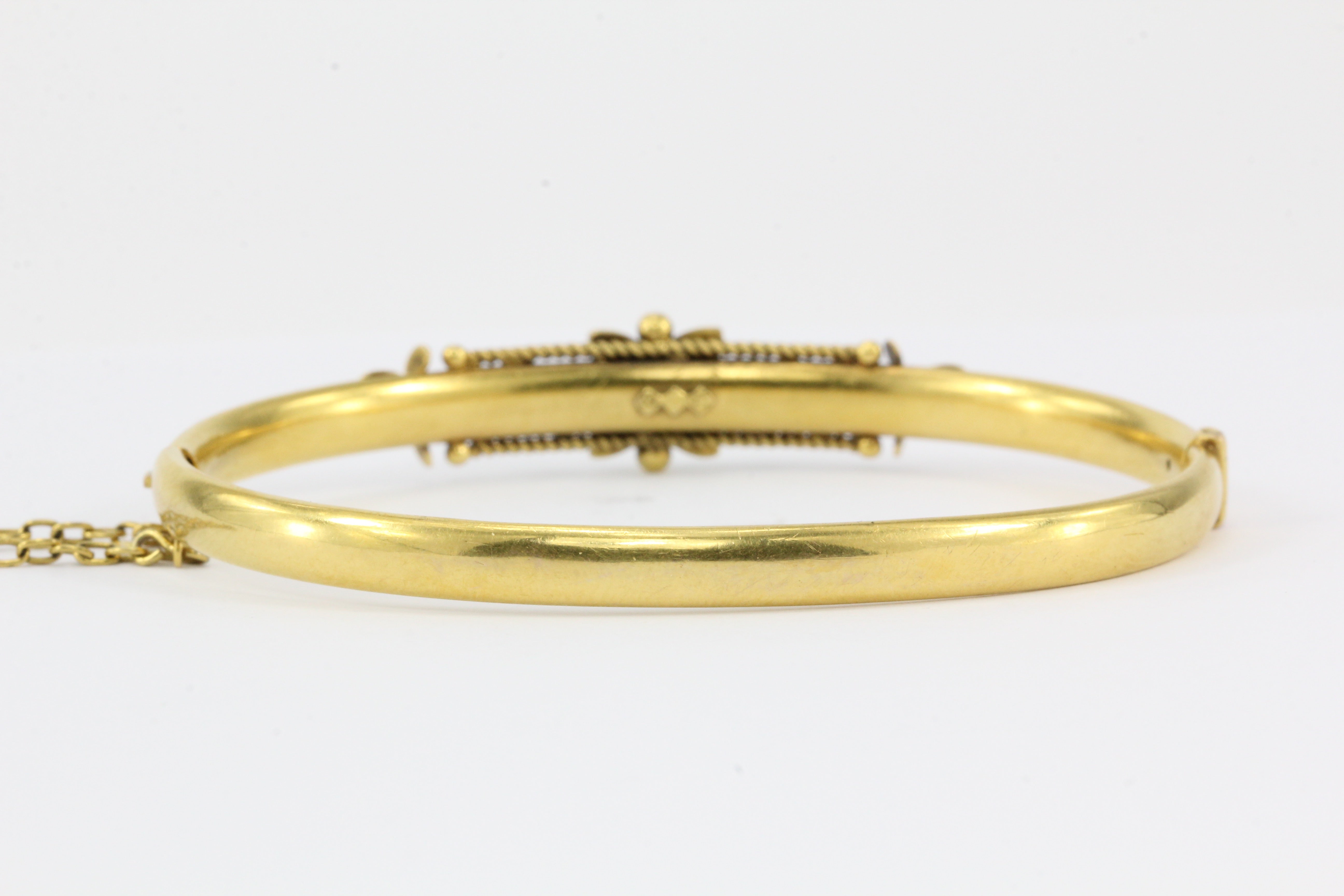 Victorian 15 CT Yellow Gold Sapphire and Seed Pearl Bangle Bracelet - Queen May