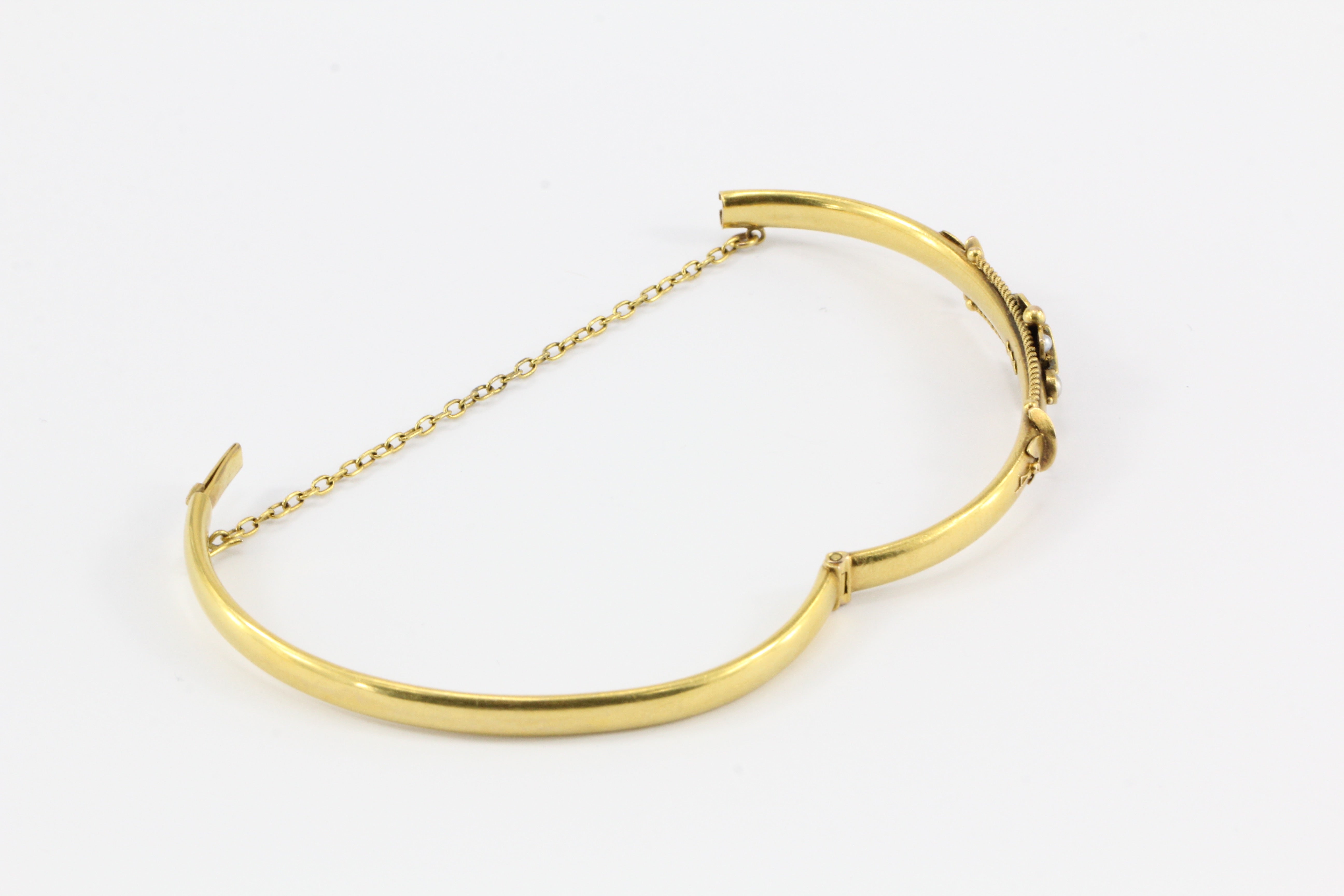Victorian 15 CT Yellow Gold Sapphire and Seed Pearl Bangle Bracelet - Queen May