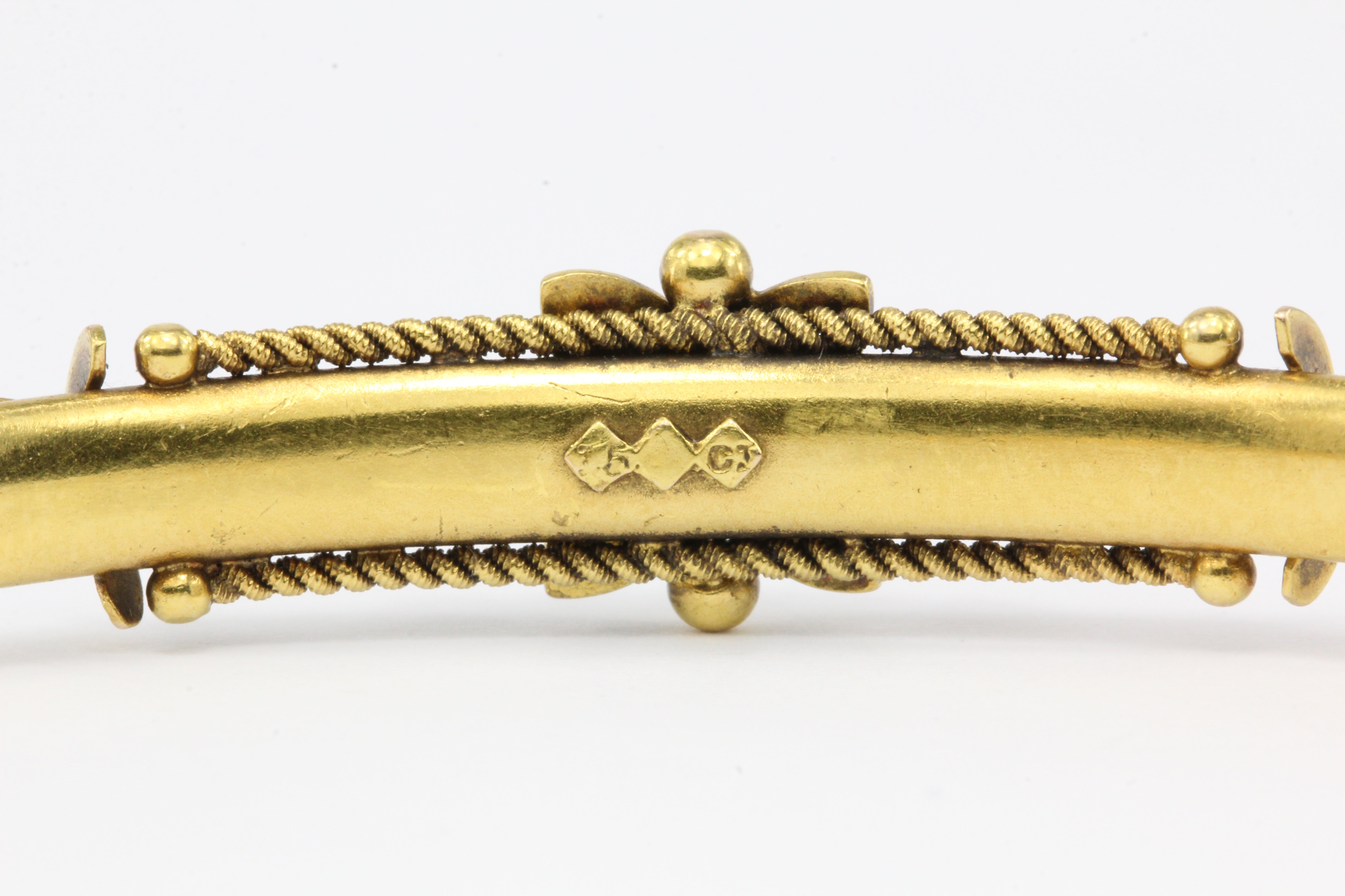Victorian 15 CT Yellow Gold Sapphire and Seed Pearl Bangle Bracelet - Queen May