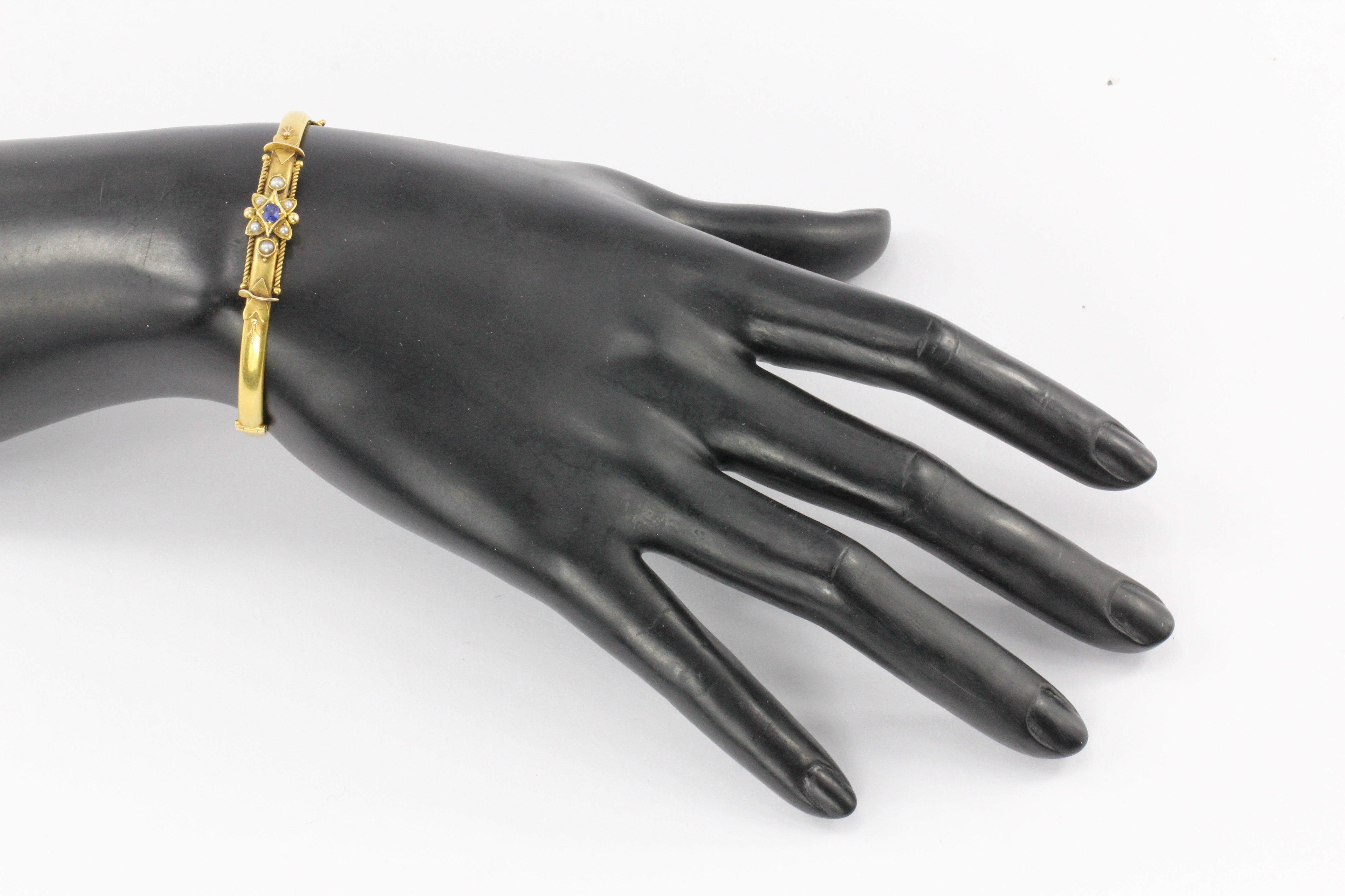 Victorian 15 CT Yellow Gold Sapphire and Seed Pearl Bangle Bracelet - Queen May