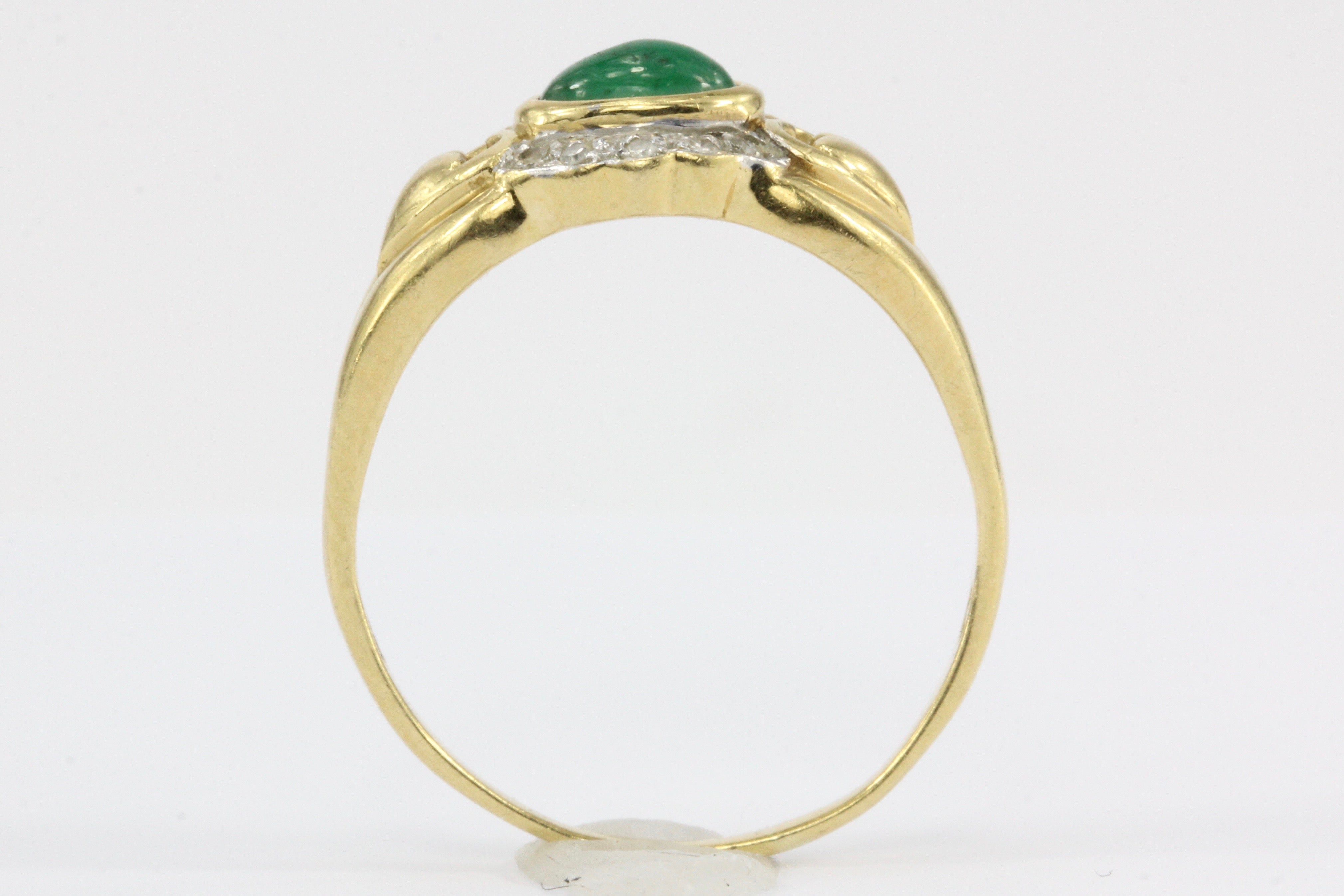 18K Yellow Gold Emerald and Diamond Ring with Heart Motif Size 8 - Queen May