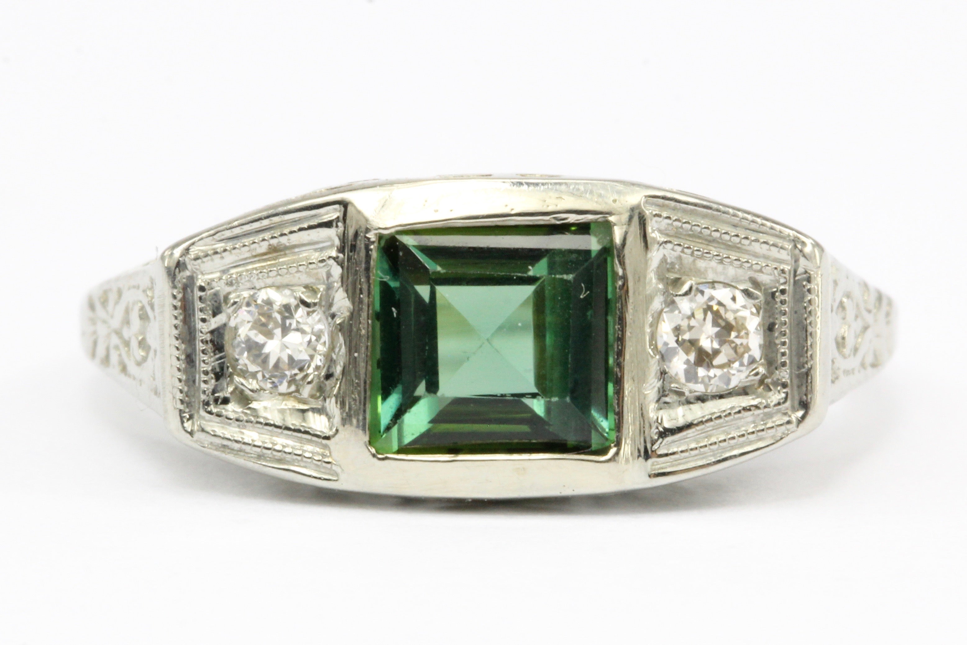 Art Deco Platinum Green Tourmaline & Diamond Filigree Ring Size 4.75 - Queen May