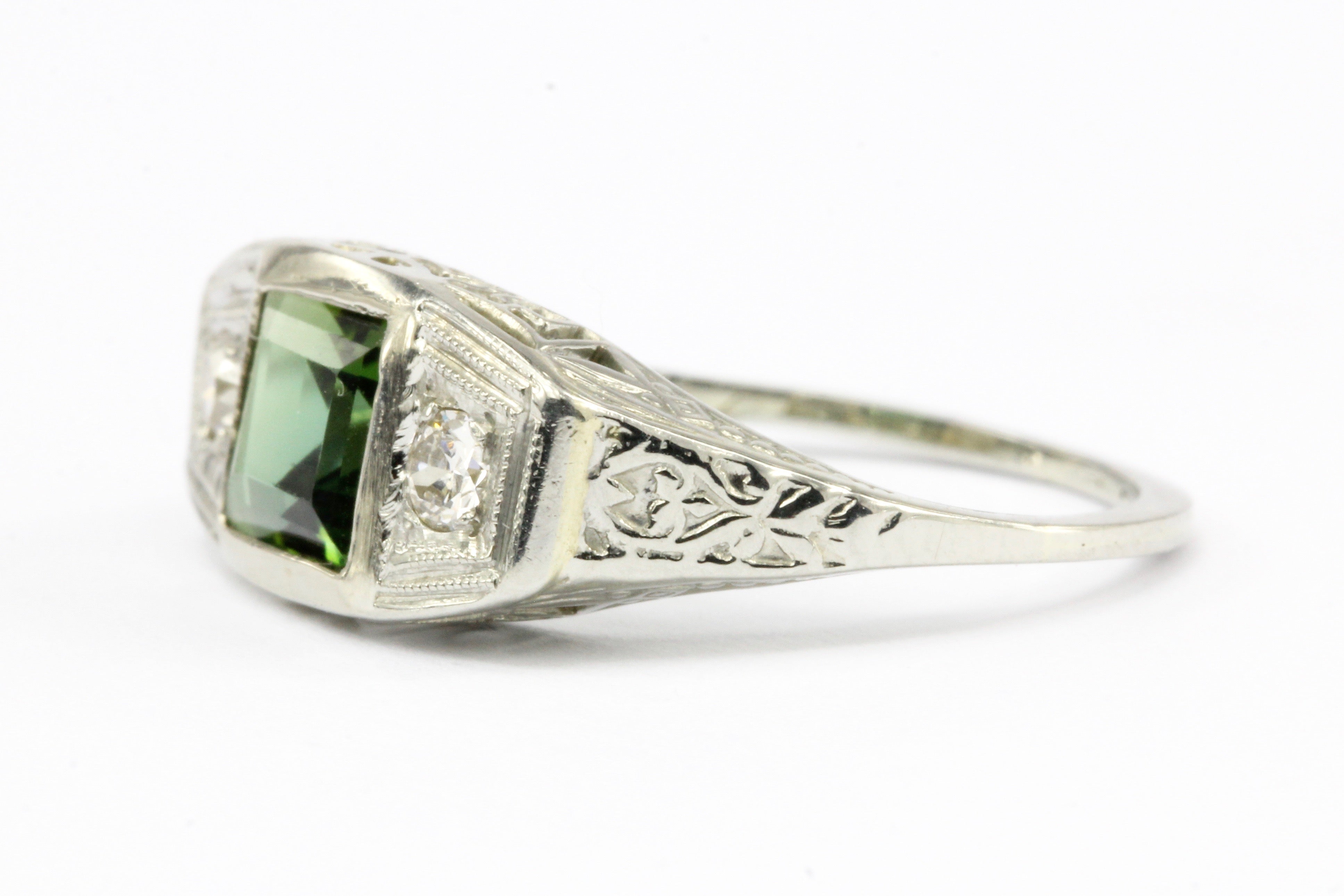 Art Deco Platinum Green Tourmaline & Diamond Filigree Ring Size 4.75 - Queen May