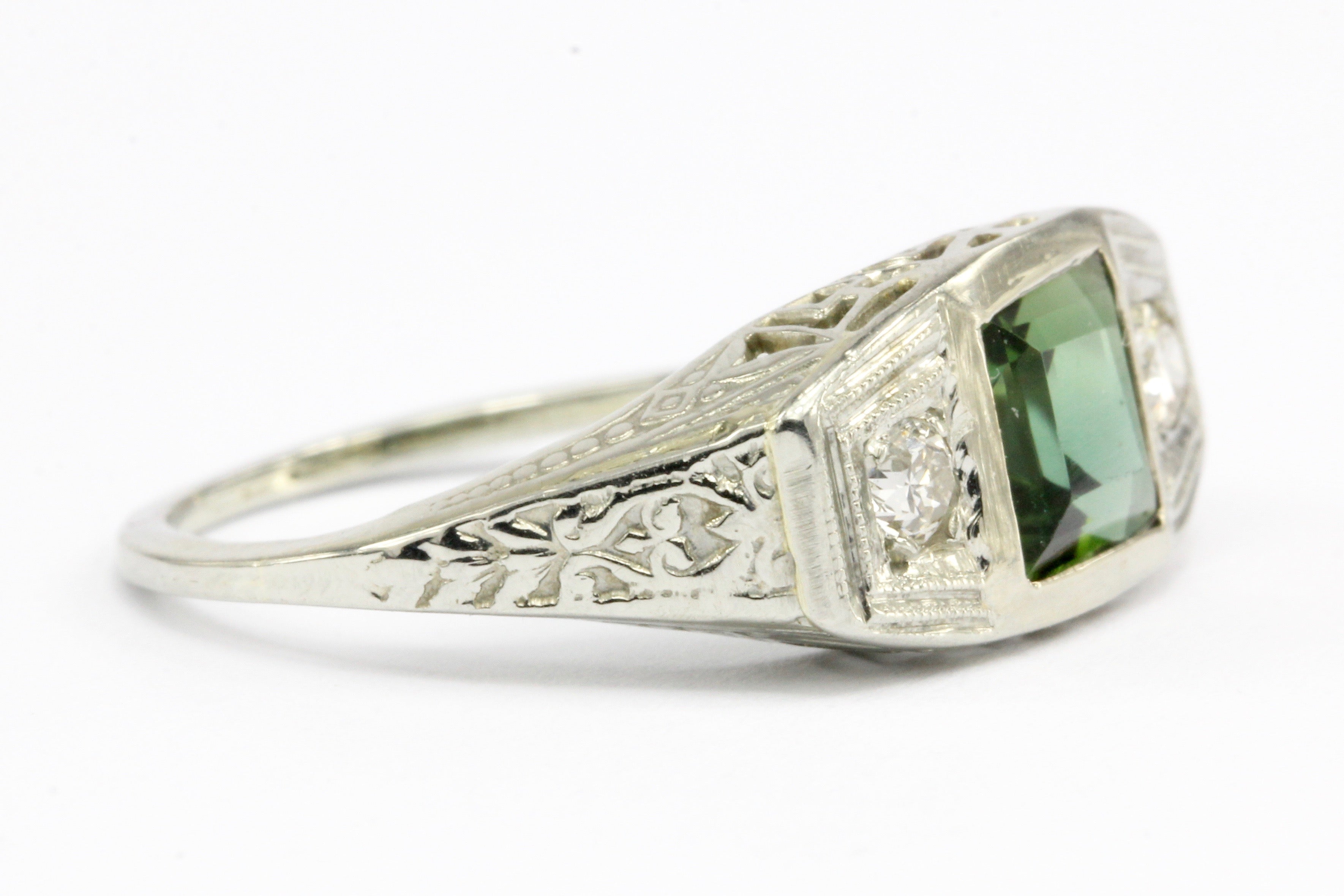 Art Deco Platinum Green Tourmaline & Diamond Filigree Ring Size 4.75 - Queen May