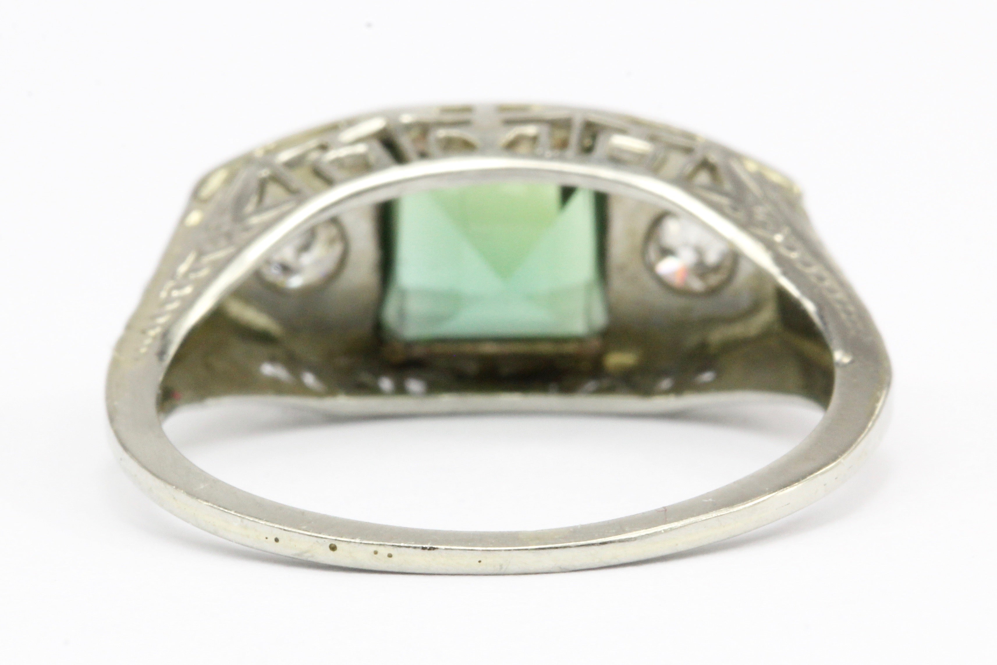 Art Deco Platinum Green Tourmaline & Diamond Filigree Ring Size 4.75 - Queen May