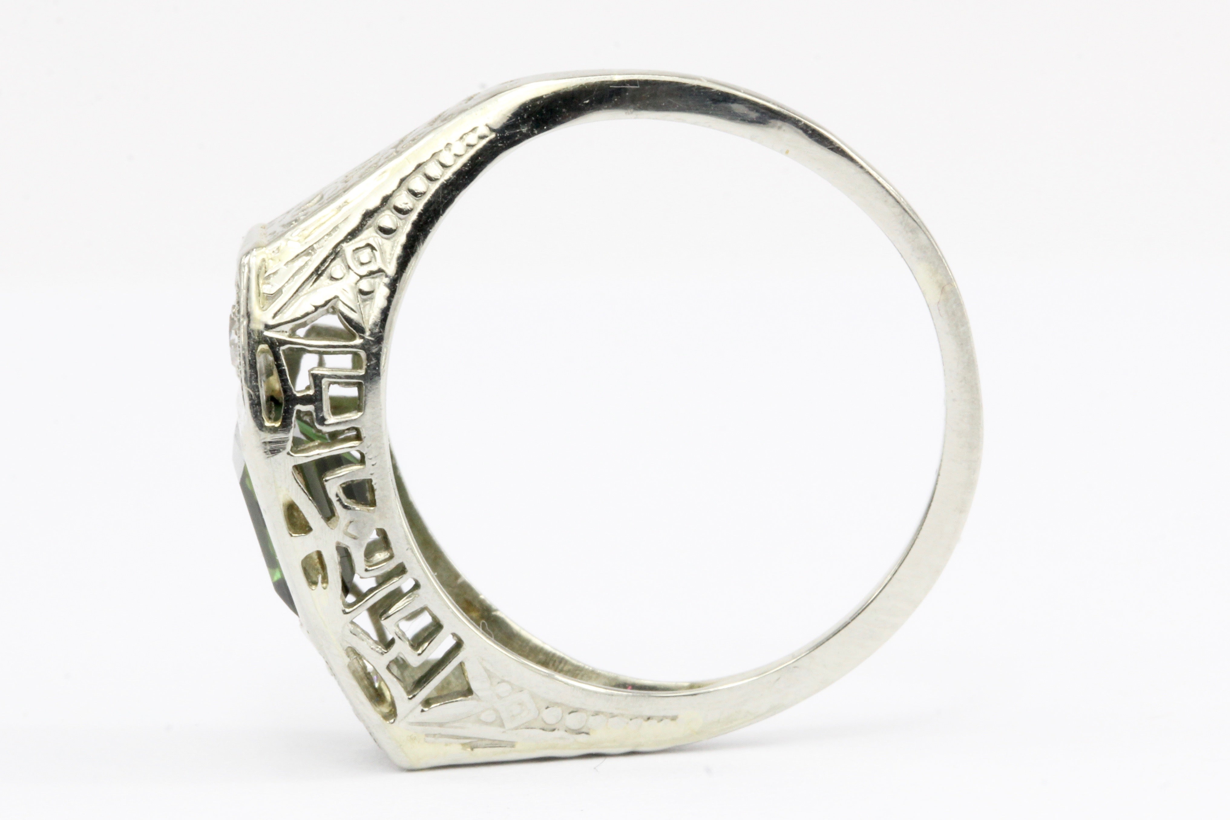 Art Deco Platinum Green Tourmaline & Diamond Filigree Ring Size 4.75 - Queen May