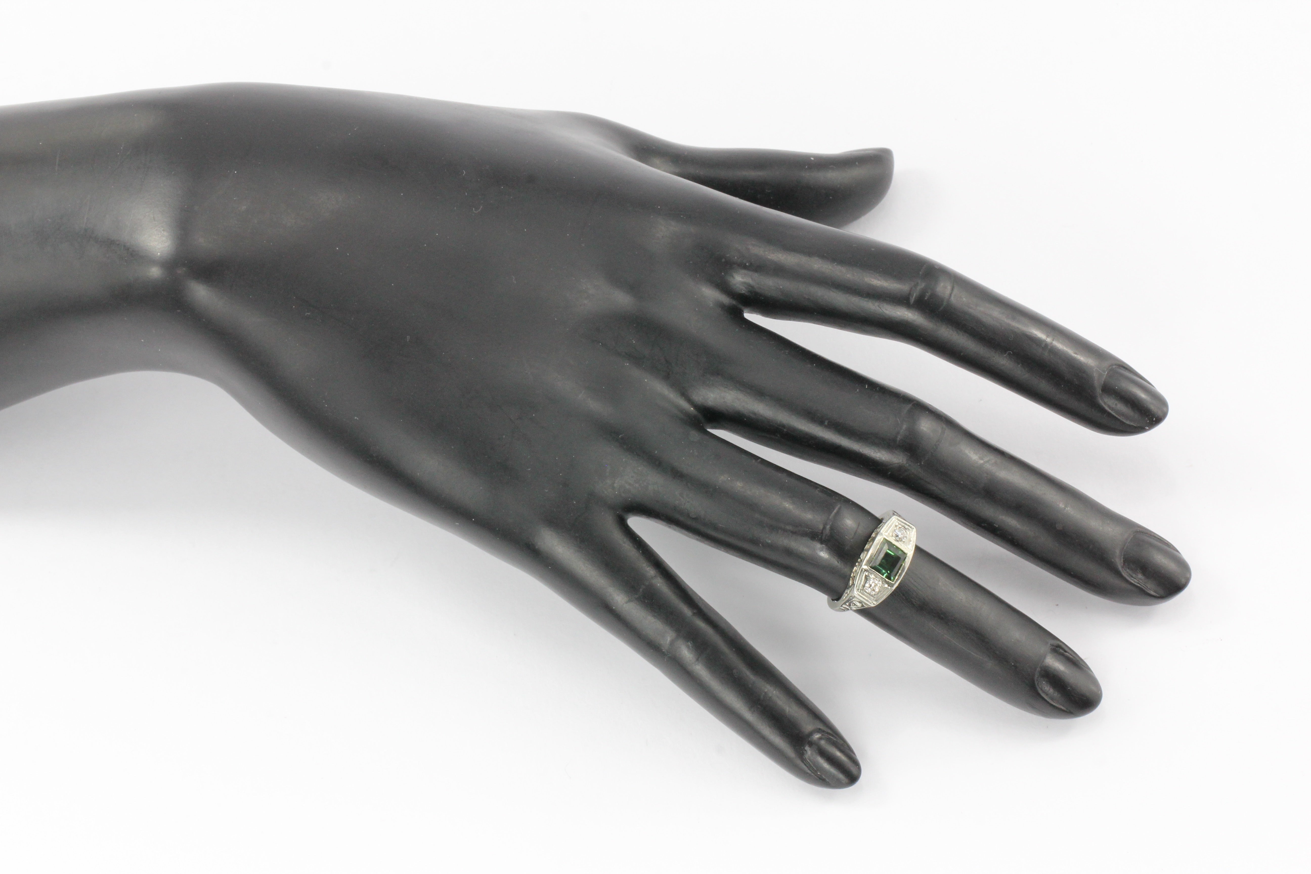 Art Deco Platinum Green Tourmaline & Diamond Filigree Ring Size 4.75 - Queen May