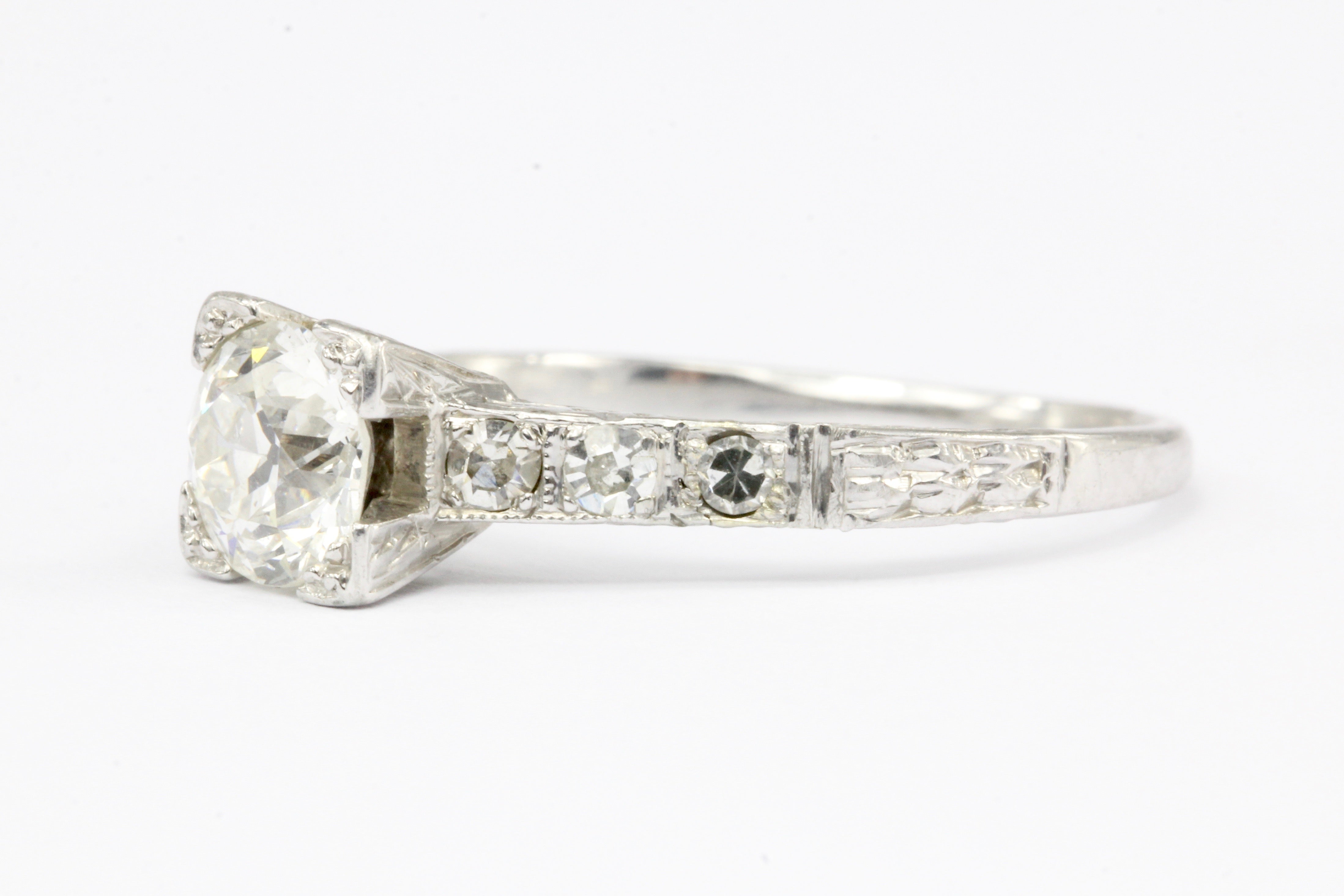 Art Deco Platinum Old European Cut .85 CT Diamond Engagement Ring Size 6.75 - Queen May
