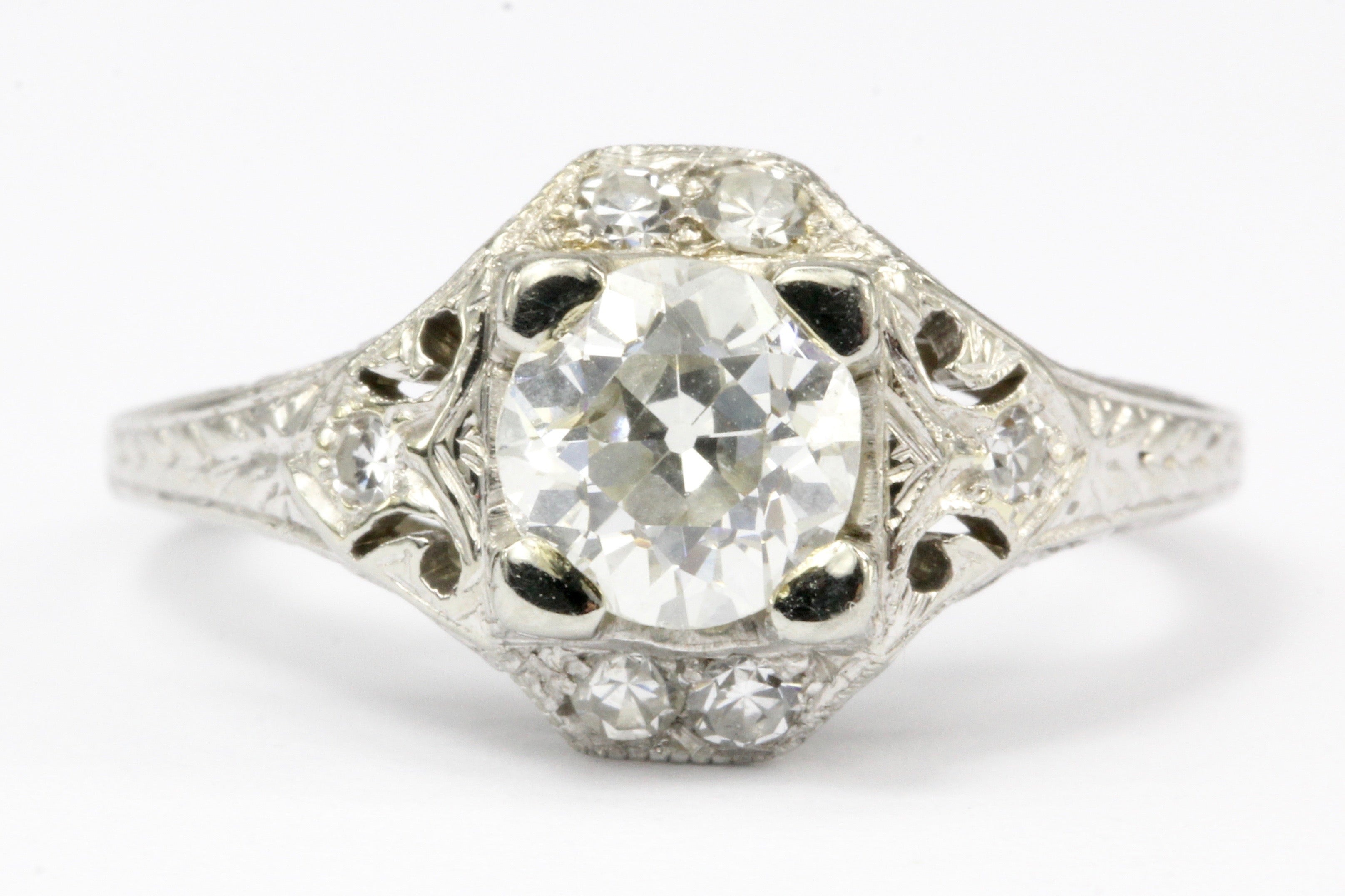 Art Deco 18K White Gold .80 CT Diamond Filigree Engagement Ring IGI Paperwork - Queen May