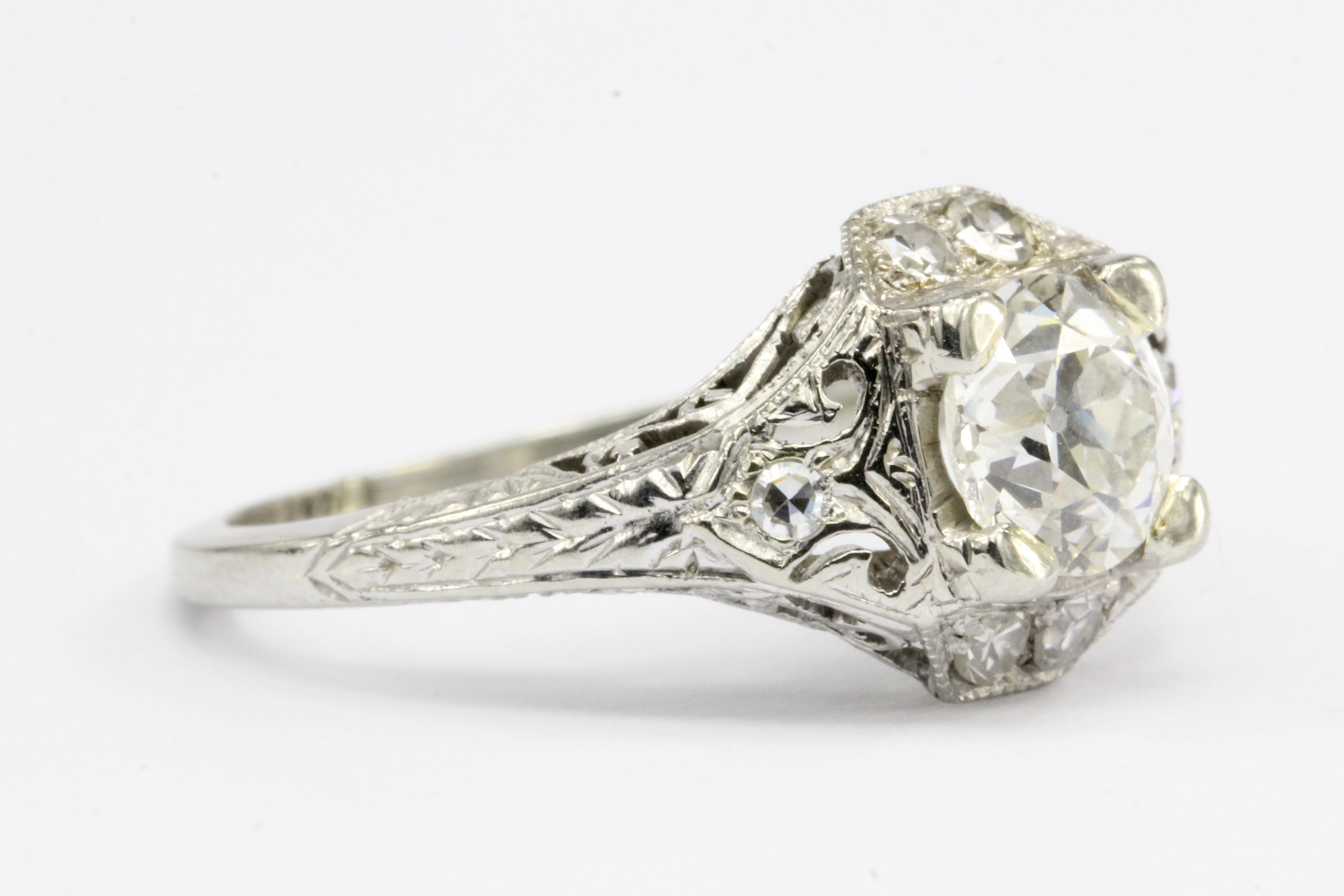Art Deco 18K White Gold .80 CT Diamond Filigree Engagement Ring IGI Paperwork - Queen May