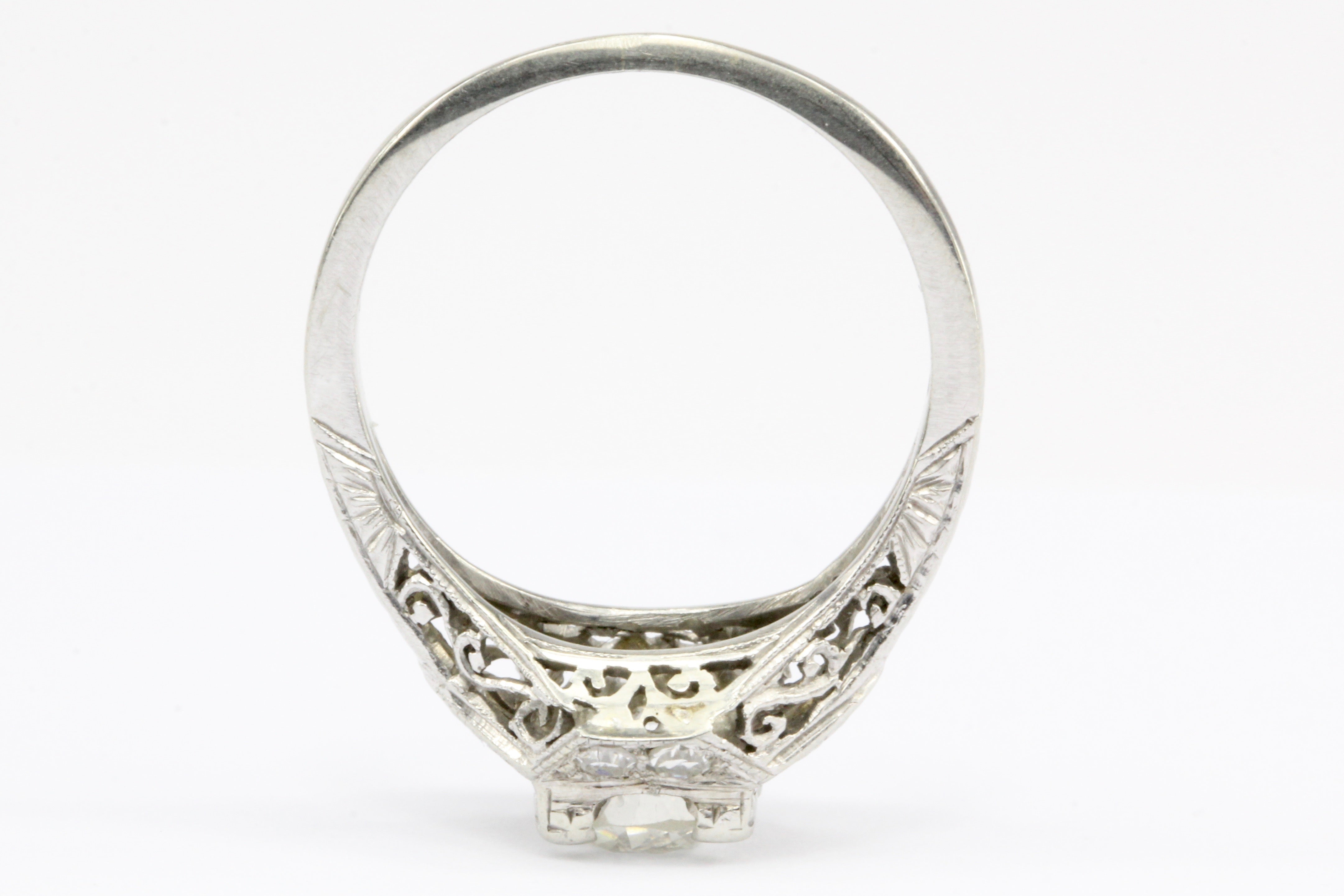 Art Deco 18K White Gold .80 CT Diamond Filigree Engagement Ring IGI Paperwork - Queen May