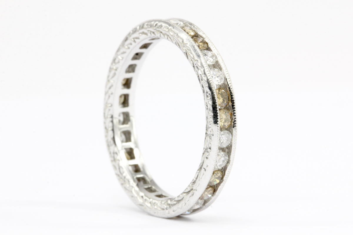 18K White Gold White and Champagne Diamond Eternity Band Ring Size 5.5 - Queen May