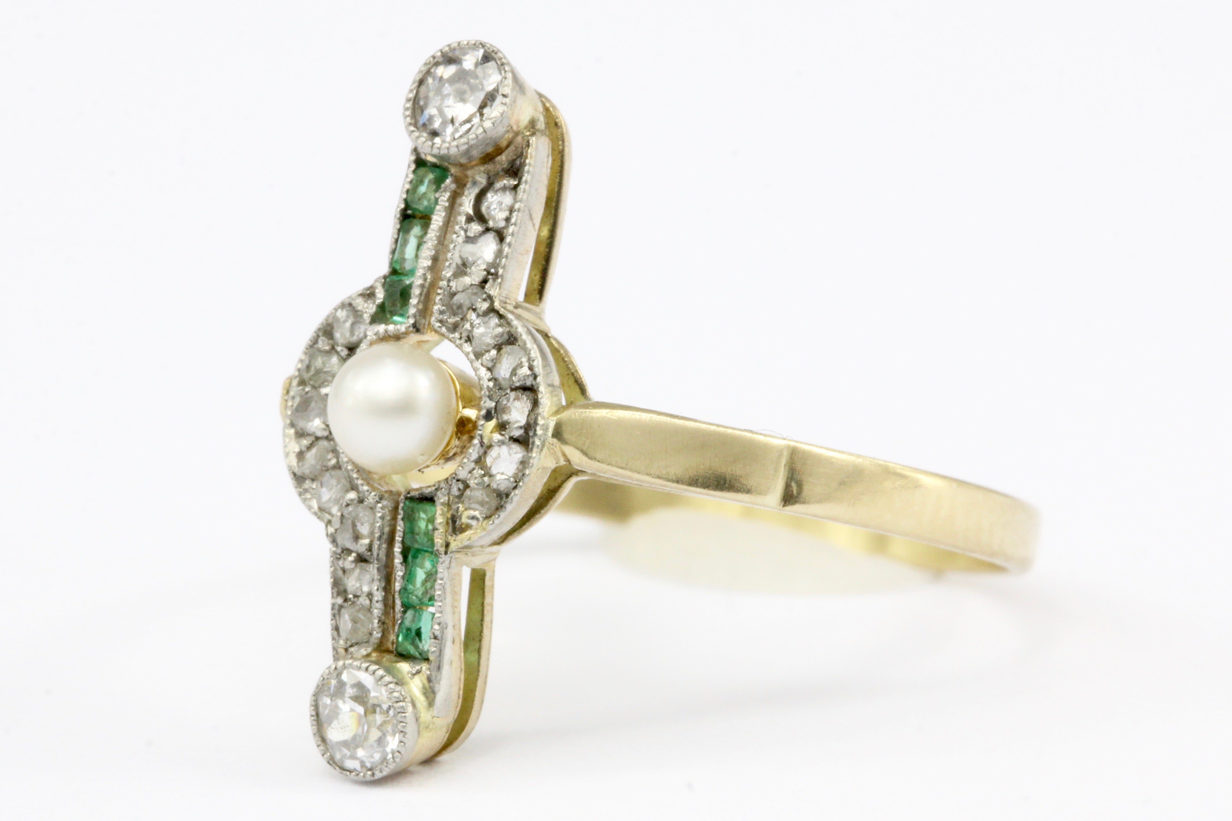 Edwardian 18K Yellow Gold Platinum Top Pearl Emerald & Diamond Ring Size 7 - Queen May