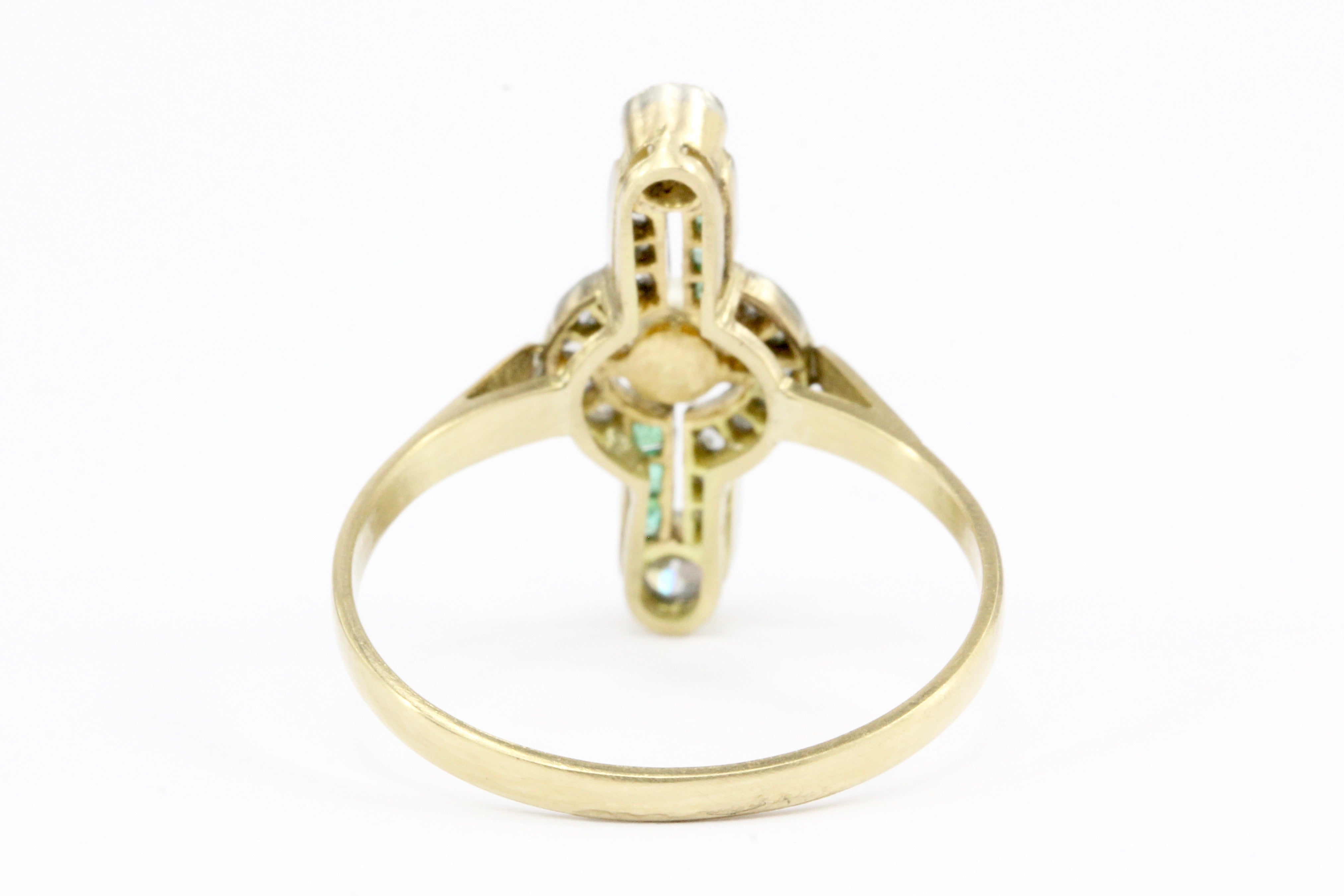 Edwardian 18K Yellow Gold Platinum Top Pearl Emerald & Diamond Ring Size 7 - Queen May