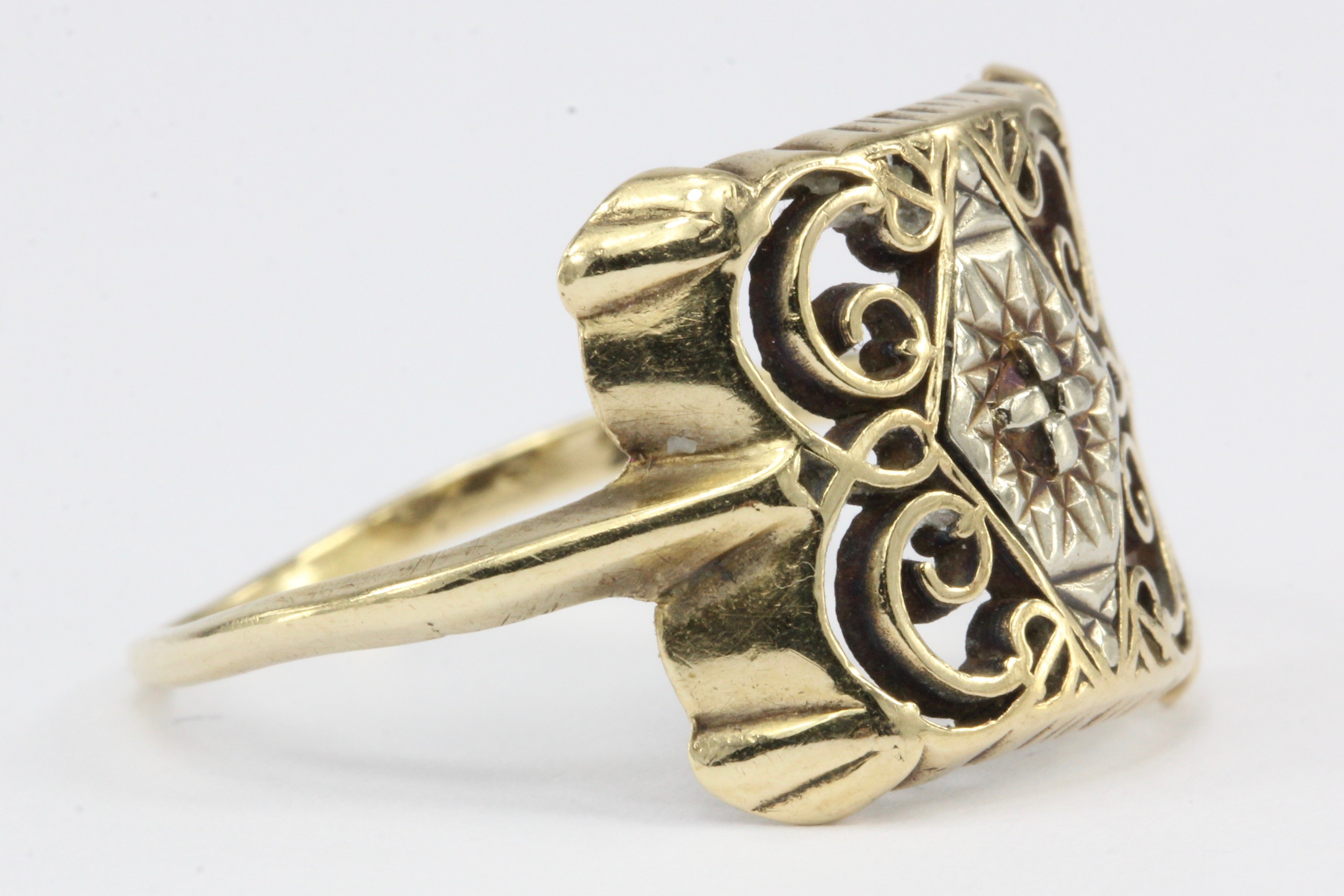 Retro 14K Yellow Gold Ornate Scroll Motif Ring Size 7.25 - Queen May
