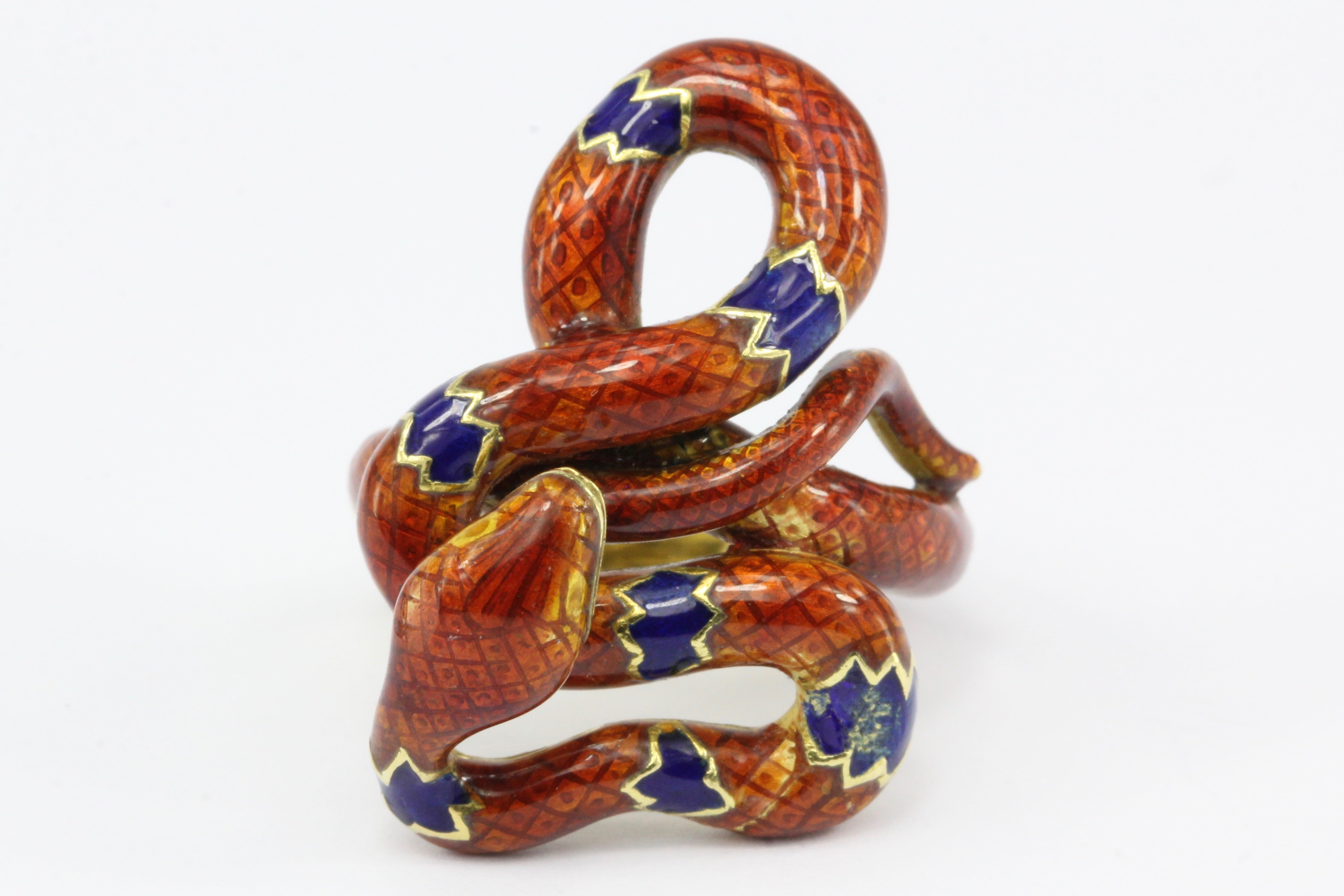 Retro 22K Yellow Gold Orange & Blue Enamel Figural Snake Ring Size 7.25 - Queen May