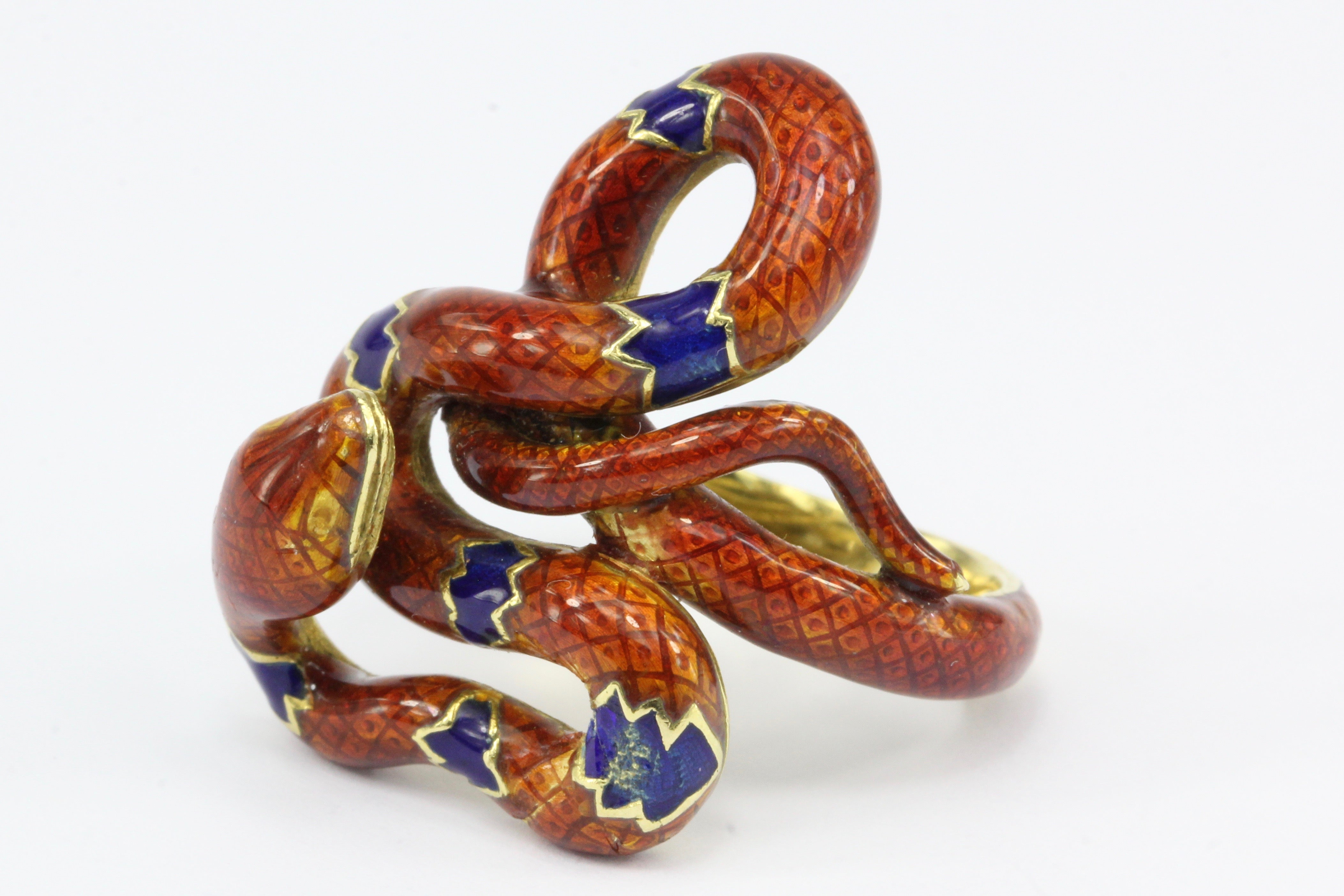 Retro 22K Yellow Gold Orange & Blue Enamel Figural Snake Ring Size 7.25 - Queen May