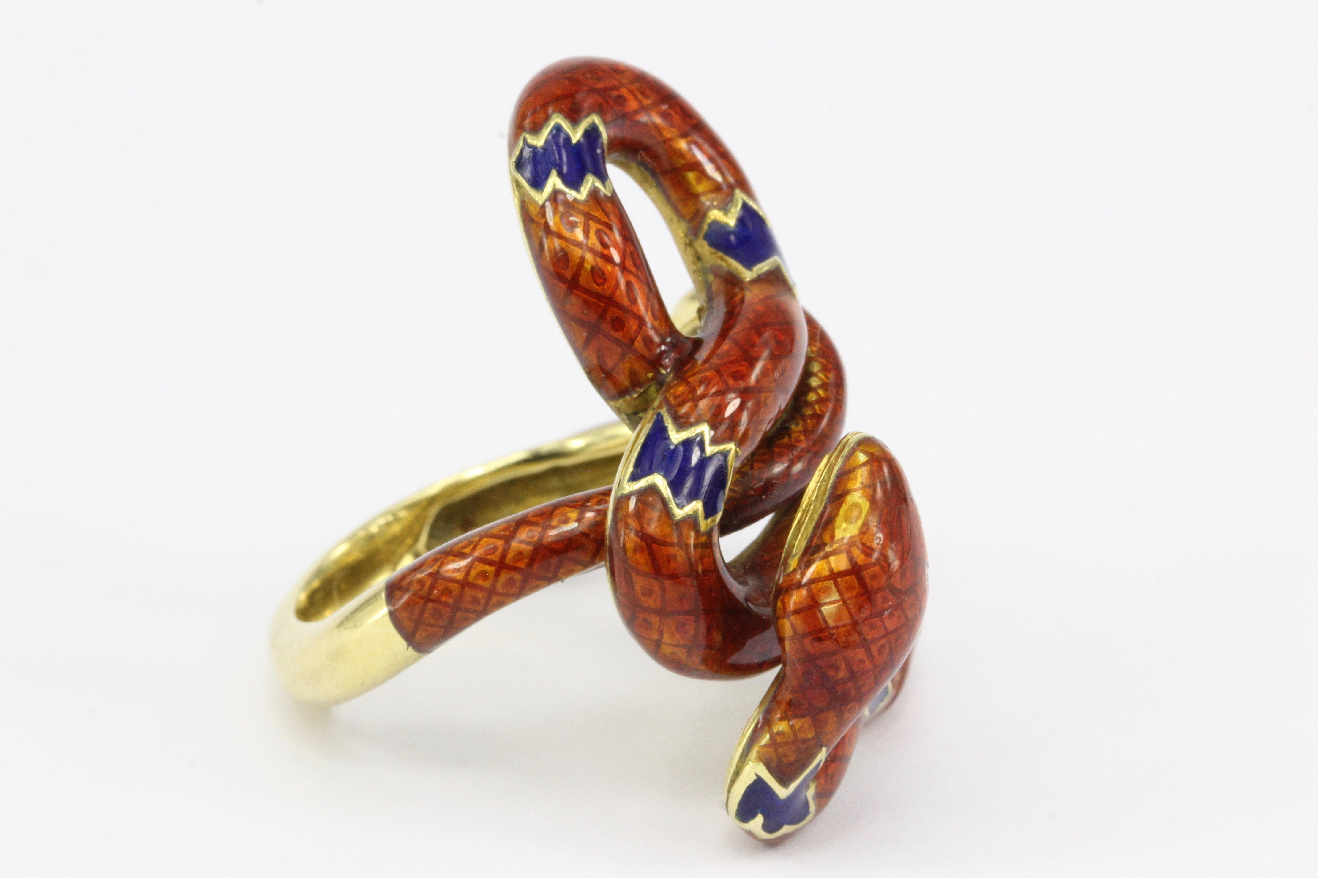 Retro 22K Yellow Gold Orange & Blue Enamel Figural Snake Ring Size 7.25 - Queen May
