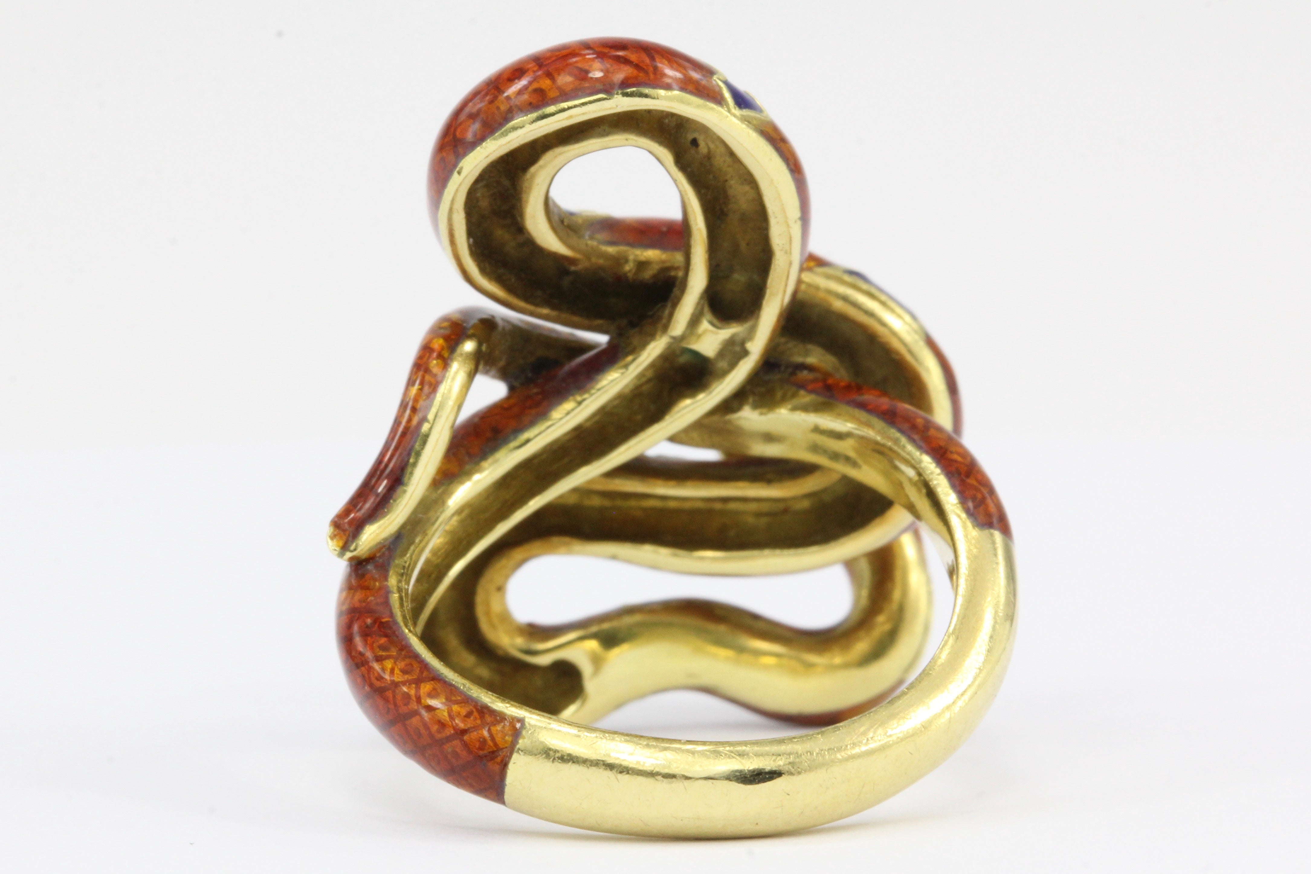 Retro 22K Yellow Gold Orange & Blue Enamel Figural Snake Ring Size 7.25 - Queen May