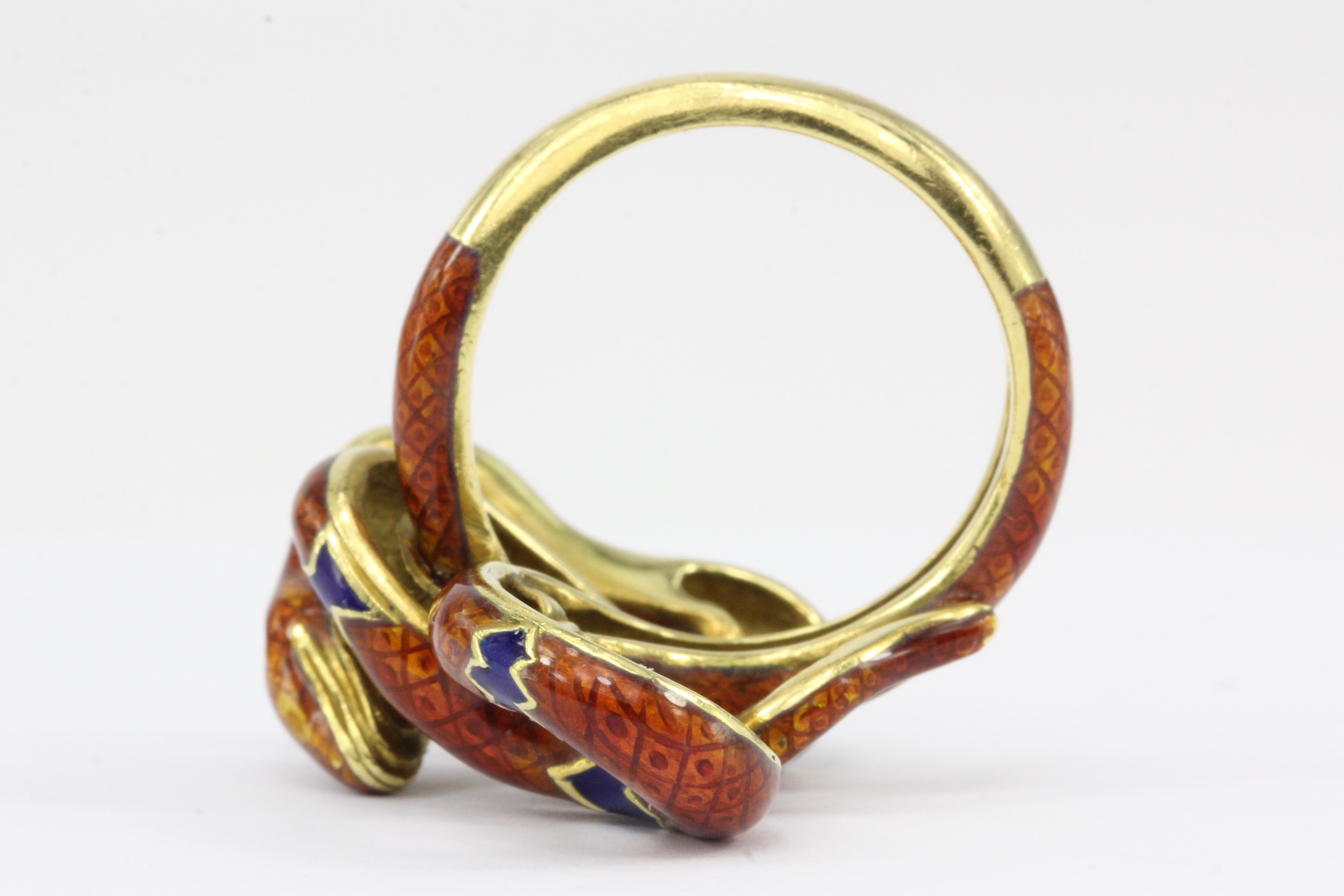 Retro 22K Yellow Gold Orange & Blue Enamel Figural Snake Ring Size 7.25 - Queen May